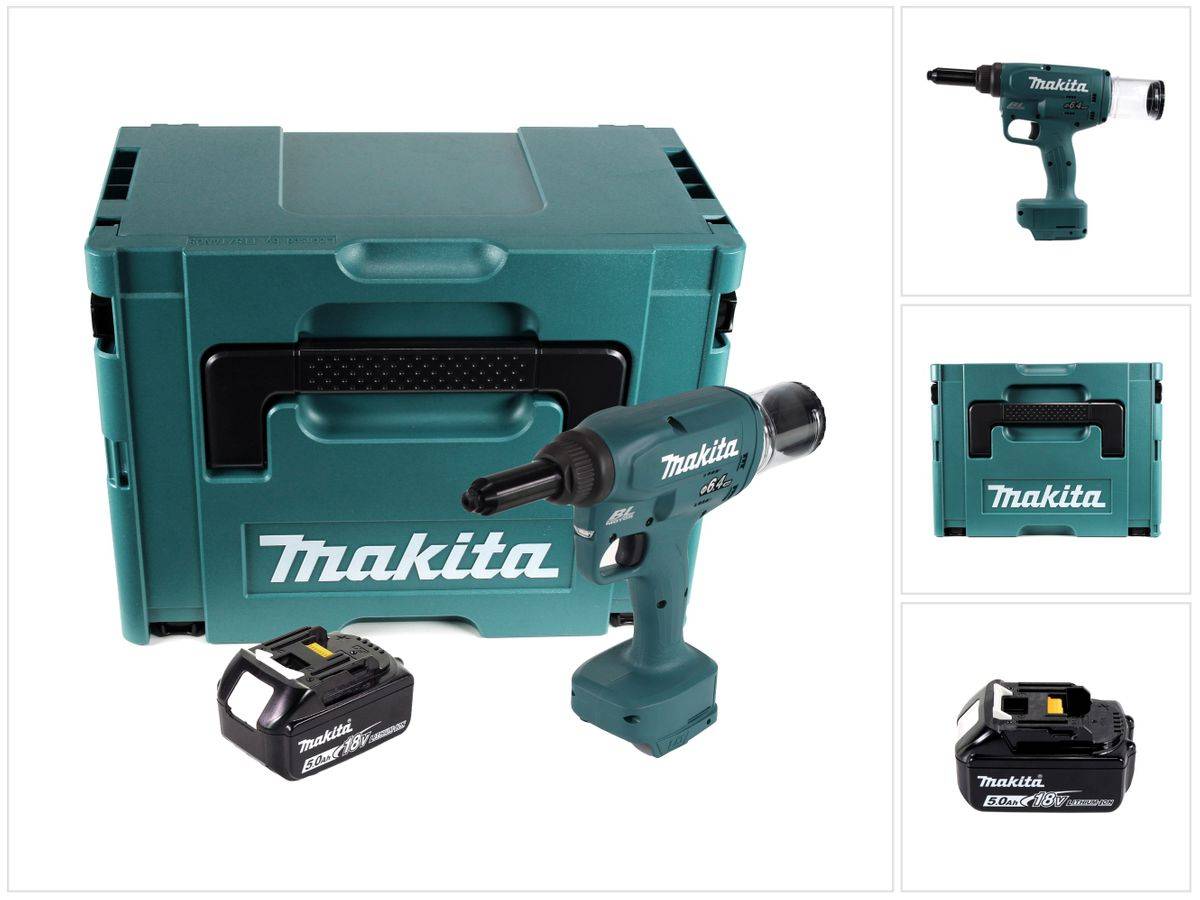Makita DRV 250 T1J Akku Blindnietsetzgerät 18 V 20 kN Brushless + 1x Akku 5,0 Ah + Makpac - ohne Ladegerät