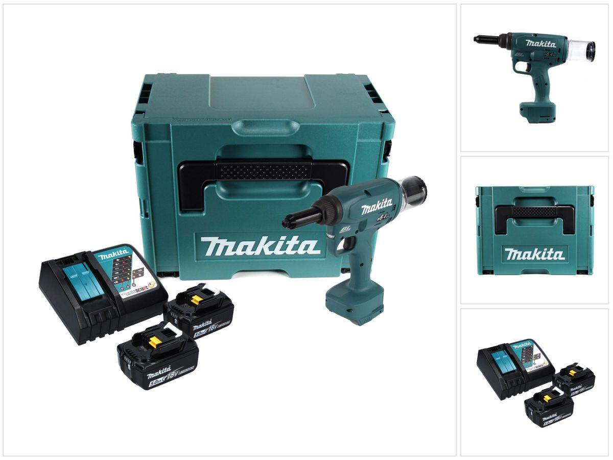 Makita DRV 250 RTJ Akku Blindnietsetzgerät 18 V 20 kN Brushless + 2x Akku 5,0 Ah + Ladegerät + Makpac