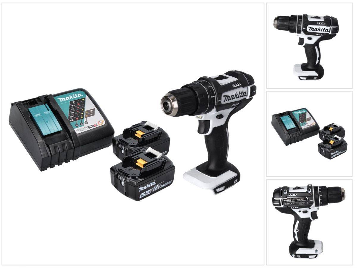 Makita DHP 482 RT W Akku Schlagbohrschrauber 18 V 62 Nm + 2x Akku 5,0 Ah + Ladegerät