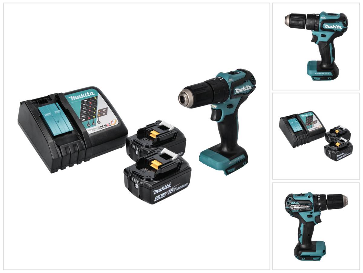 Makita DHP 483 RT Akku Schlagbohrschrauber 18 V 40 Nm Brushless + 2x Akku 5,0 Ah + Ladegerät