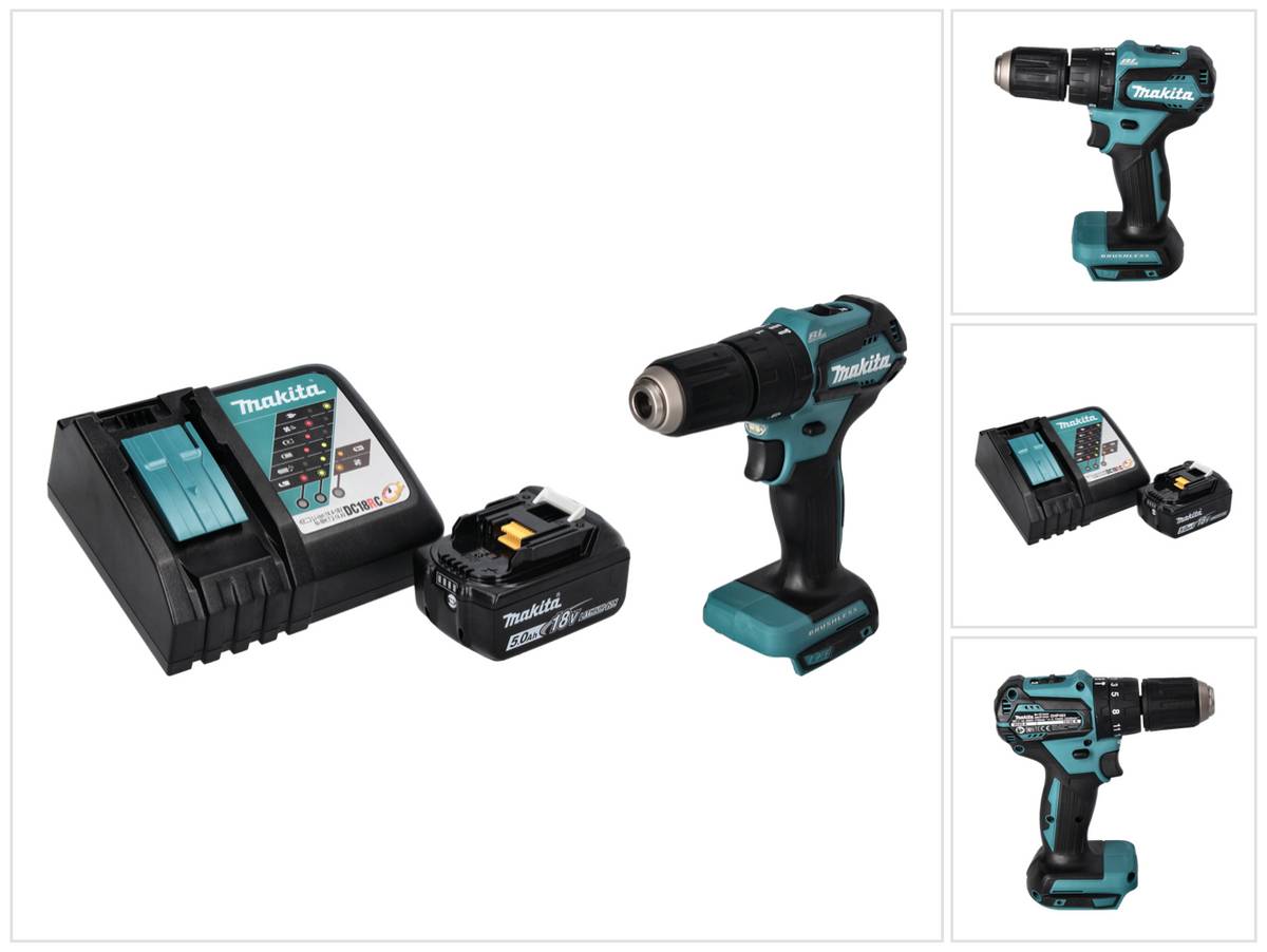 Makita DHP 483 RT1 Akku Schlagbohrschrauber 18 V 40 Nm Brushless + 1x Akku 5,0 Ah + Ladegerät
