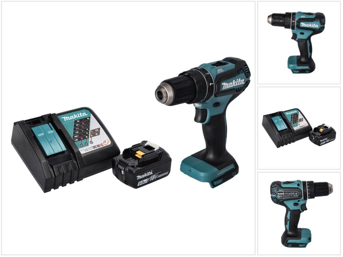 Makita DHP 485 RT1 Akku Schlagbohrschrauber 18 V 50 Nm Brushless + 1x Akku 5,0 Ah + Ladegerät