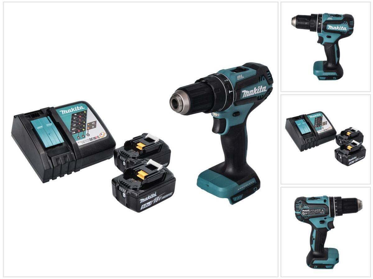 Makita DHP 485 RT Akku Schlagbohrschrauber 18 V 50 Nm Brushless + 2x Akku 5,0 Ah + Ladegerät
