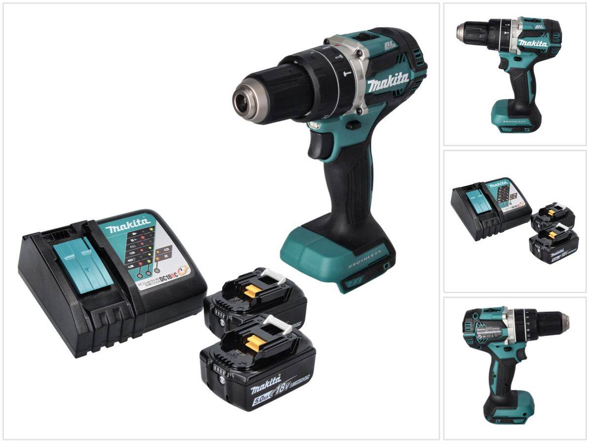 Makita DHP 484 RT Akku Schlagbohrschrauber 18 V 54 Nm Brushless + 2x Akku 5,0 Ah + Ladegerät