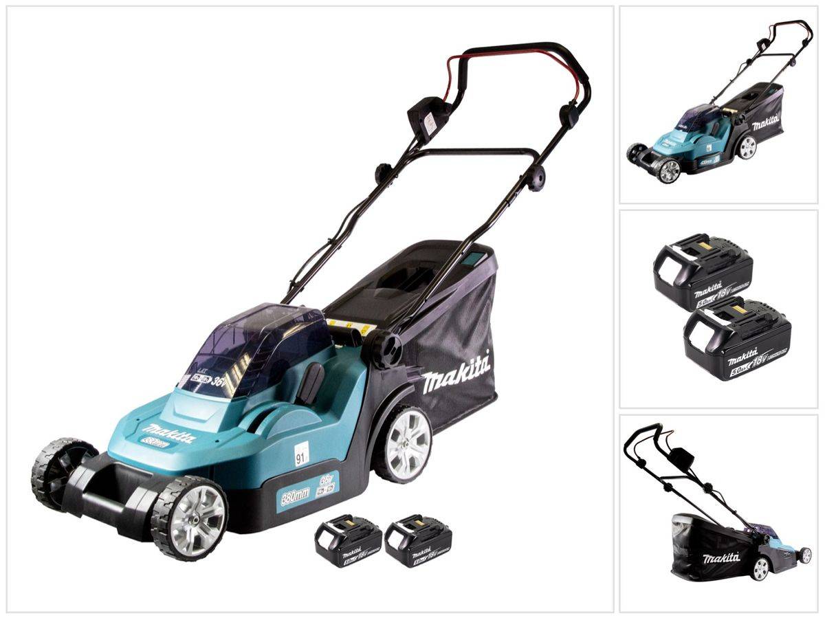 Makita DLM 432 T2 Akku Rasenmäher 36 V ( 2x 18 V ) 43 cm Brushless + 2x Akku 5,0 Ah - ohne Ladegerät