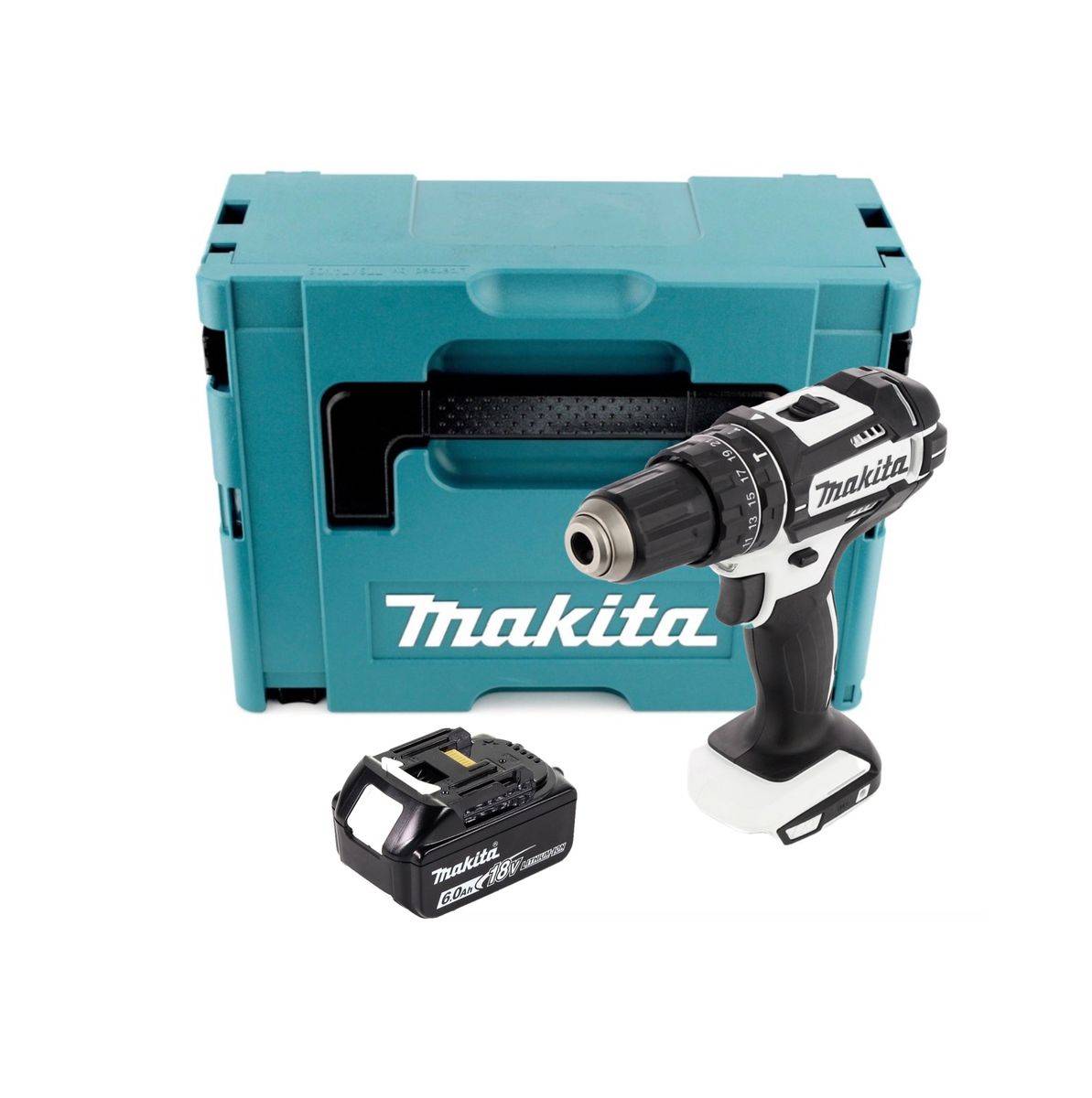 Makita DHP 482 G1J W Akku Schlagbohrschrauber 18 V 62 Nm Weiß + 1x Akku 6,0 Ah + Makpac - ohne Ladegerät