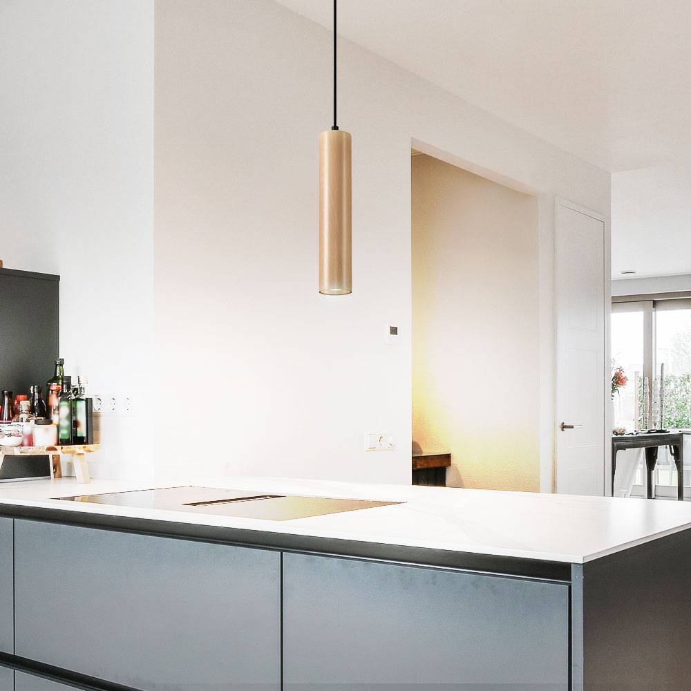 Pendelleuchte schwarz Stahl Hängeleuchte natur Holz Zylinder Esszimmerlampe Wohnzimmer Hängelampe Modern,1x 5W 400lm 3000K, DxH 8x100 cm