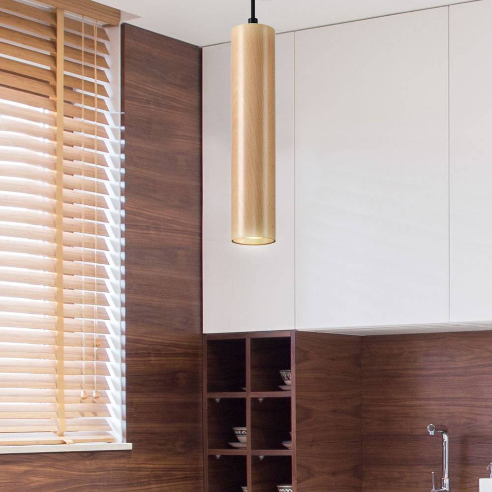 Pendelleuchte schwarz Stahl Hängeleuchte natur Holz Zylinder Esszimmerlampe Wohnzimmer Hängelampe Modern,1x 5W 400lm 3000K, DxH 8x100 cm