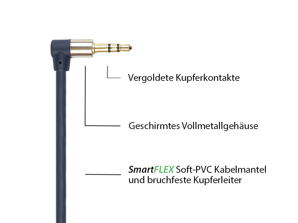 Good Connections® Audio Anschlusskabel High-Quality 3,5mm, Klinkenstecker rechts abgew. an 2x RCA, dunkelblau, 3m