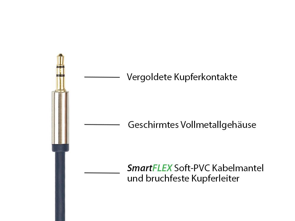 Kabelmeister® Audio Anschlusskabel SmartFLEX,3,5mm Klinkenstecker an 2x RCA/Cinch Stecker, dunkelblau, 1,5m