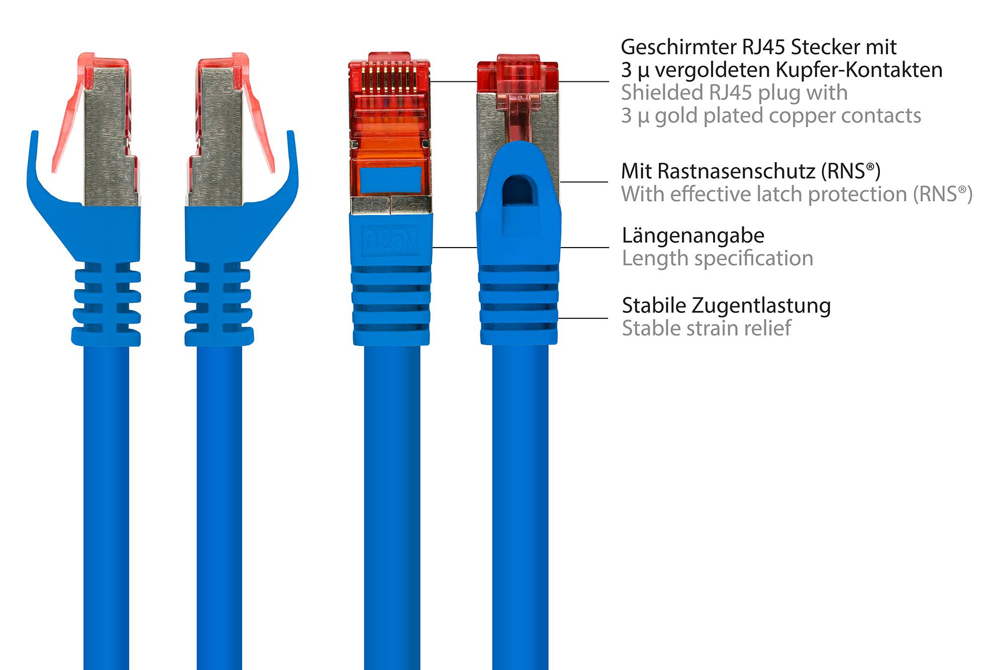 Kabelmeister® Patchkabel, Cat. 6, S/FTP, PiMF, PVC, 250MHz, blau, 0,15m