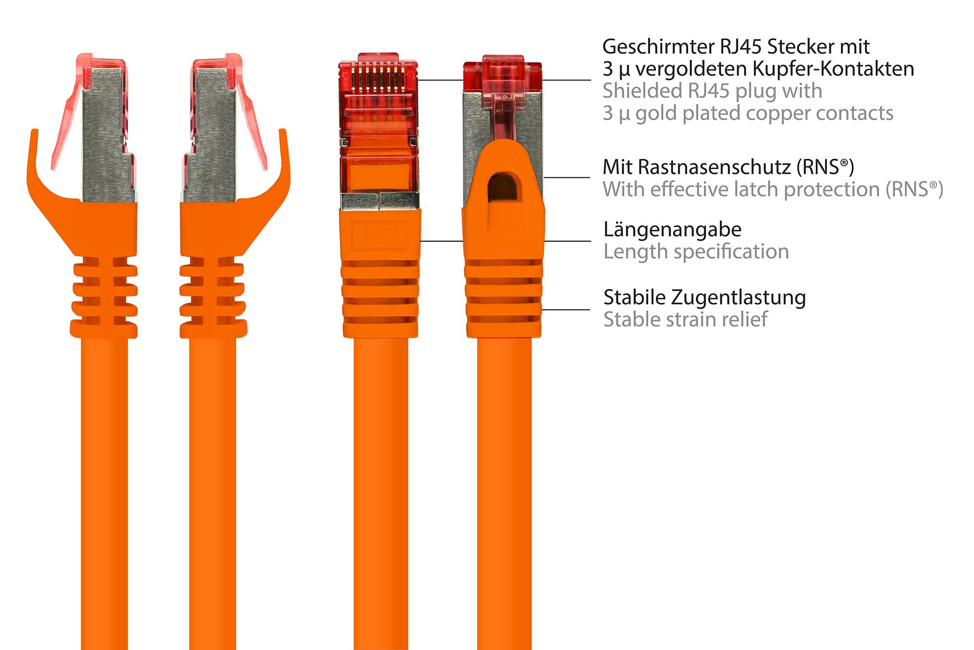 Kabelmeister® Patchkabel, Cat. 6, S/FTP, PiMF, PVC, 250MHz, orange, 0,15m