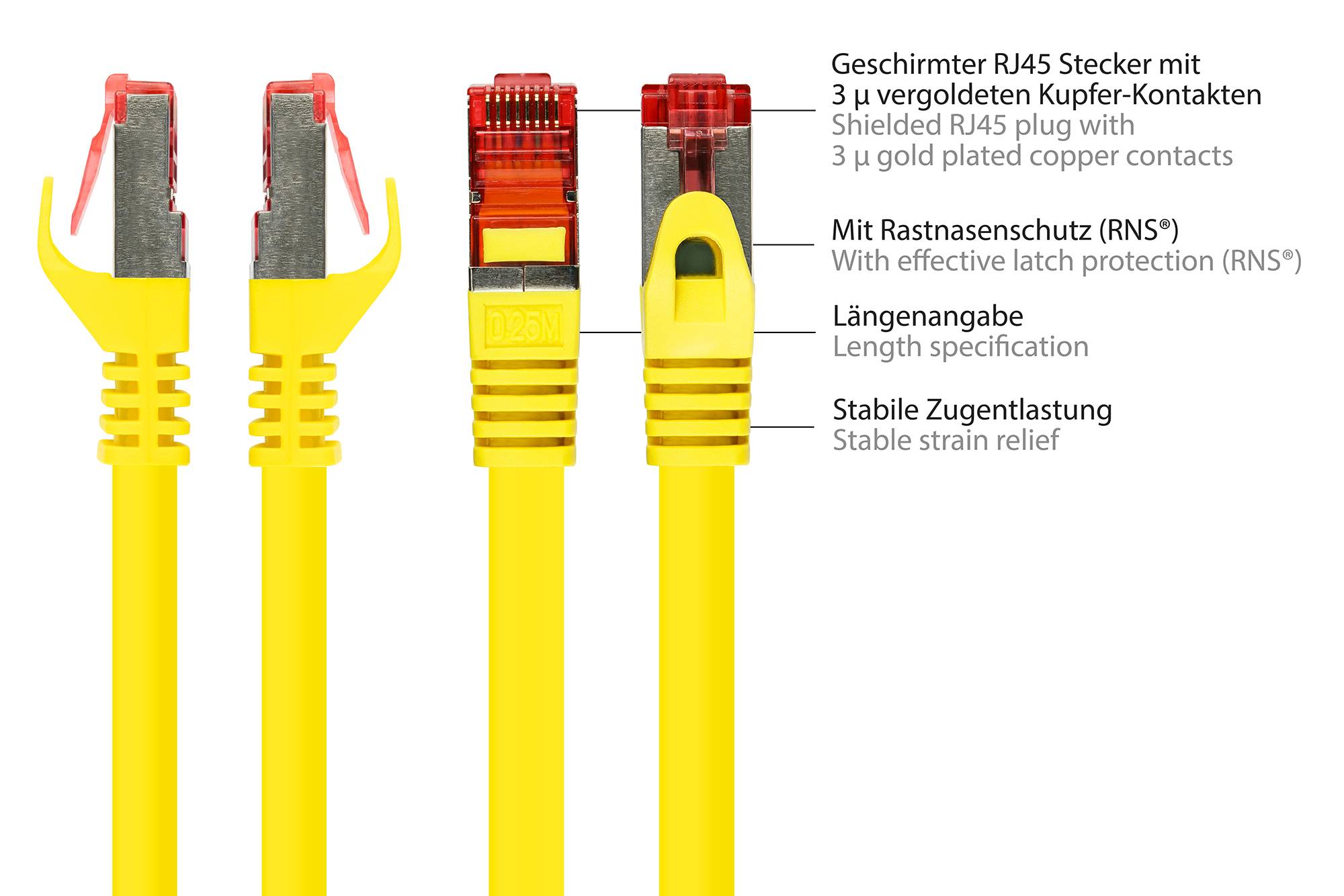Kabelmeister® Patchkabel, Cat. 6, S/FTP, PiMF, PVC, 250MHz, gelb, 0,15m