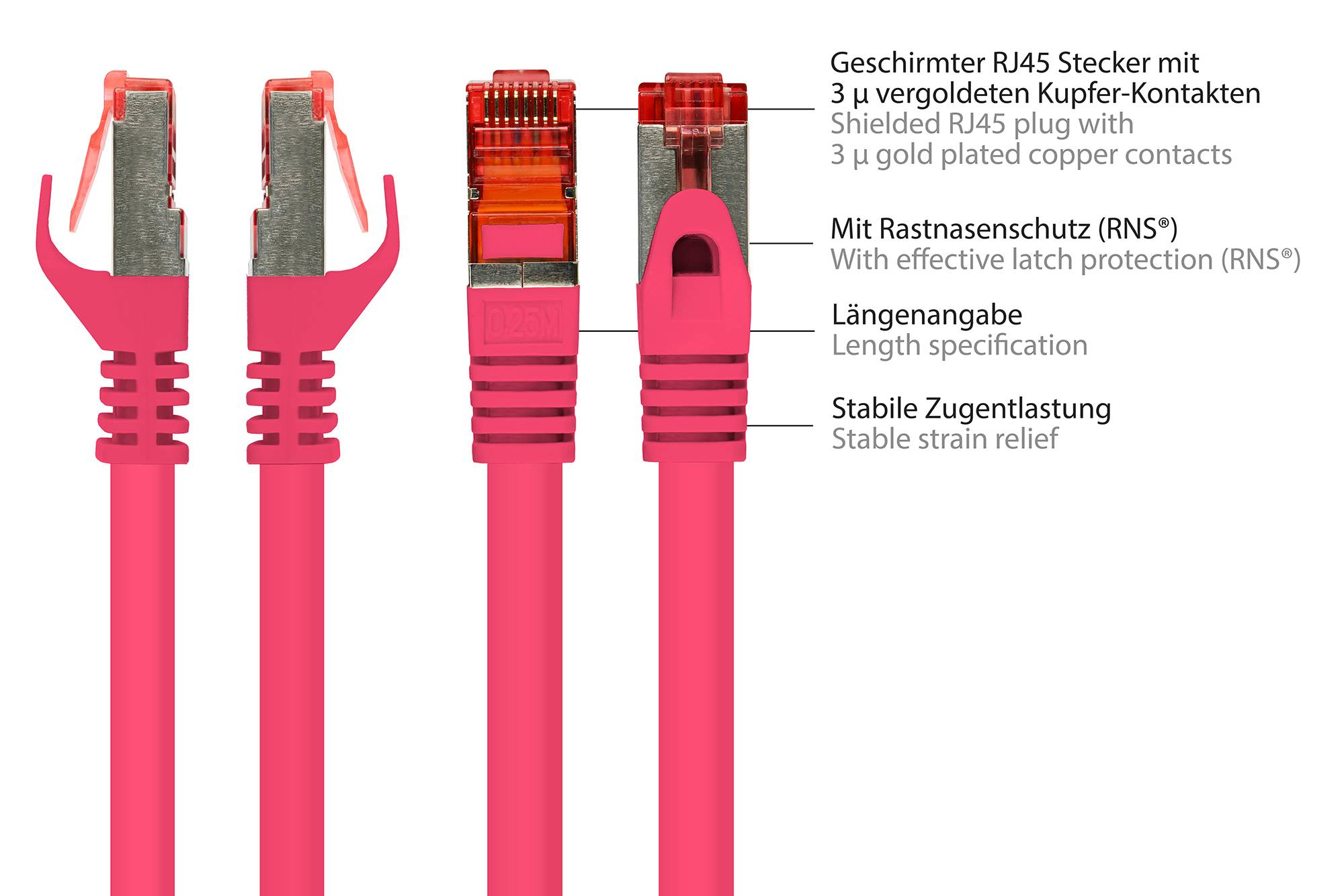 Kabelmeister® RNS® Patchkabel mit Rastnasenschutz, Cat. 6, S/FTP, PiMF, PVC, 250MHz, magenta, 40m