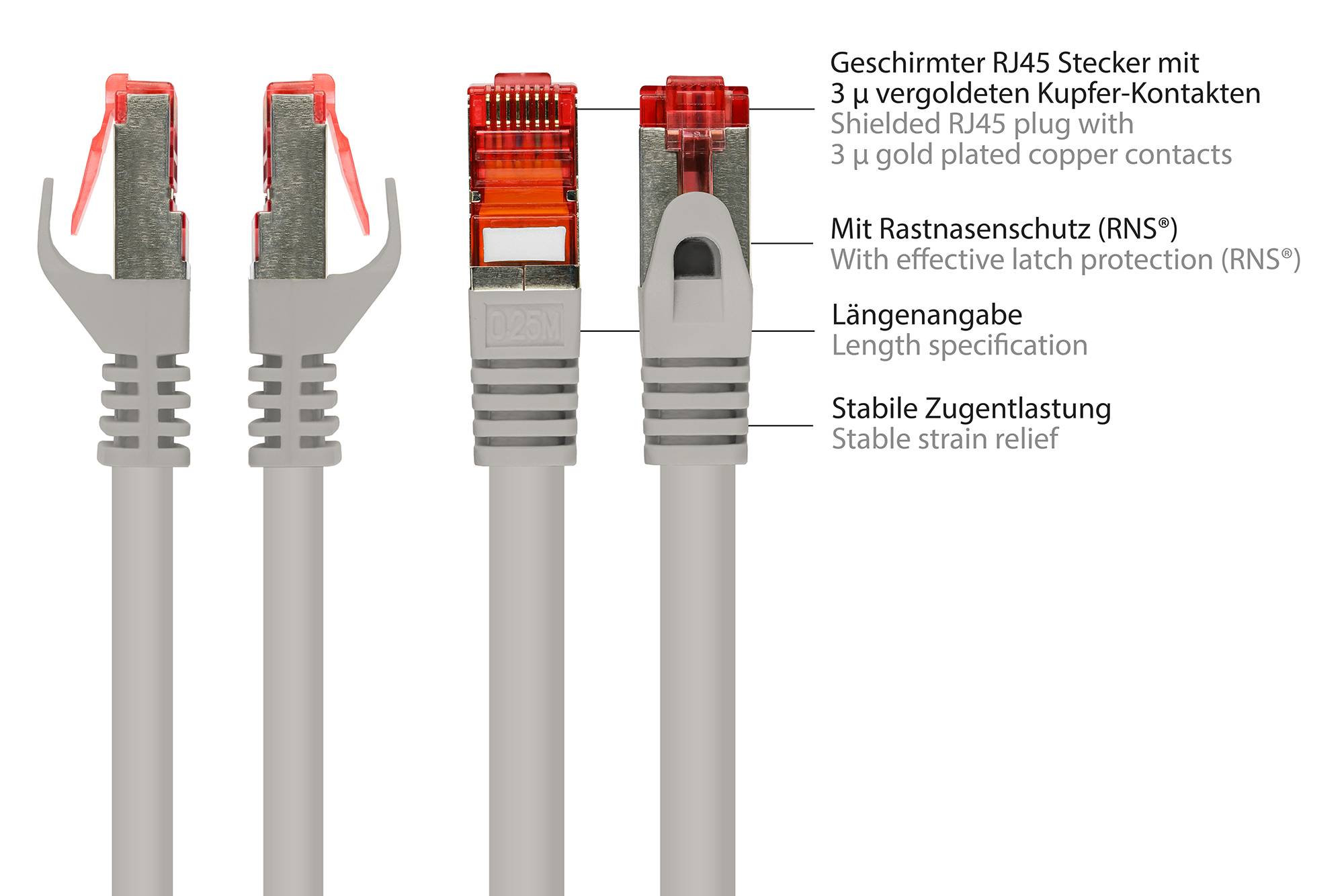 Kabelmeister® RNS® Patchkabel mit Rastnasenschutz, Cat. 6, S/FTP, PiMF, PVC, 250MHz, CU, grau, 0,5m