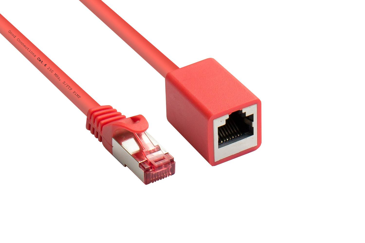 Kabelmeister® RNS® Patchkabelverlängerung mit Rastnasenschutz, Cat. 6, S/FTP, PiMF, PVC, 250MHz, OFC, CU, rot, 1m