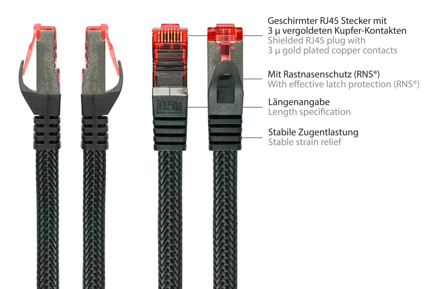 Kabelmeister® RNS® Patchkabel mit Rastnasenschutz und Nylongeflecht, Cat. 6, PVC, 250MHz, OFC, schwarz, 7,5m