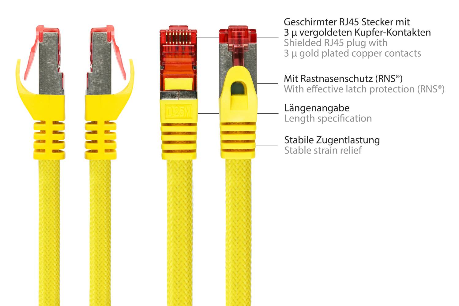 Kabelmeister® RNS® Patchkabel mit Rastnasenschutz und Nylongeflecht, Cat. 6, S/FTP, PiMF, PVC, 250MHz, OFC, gelb, 1m
