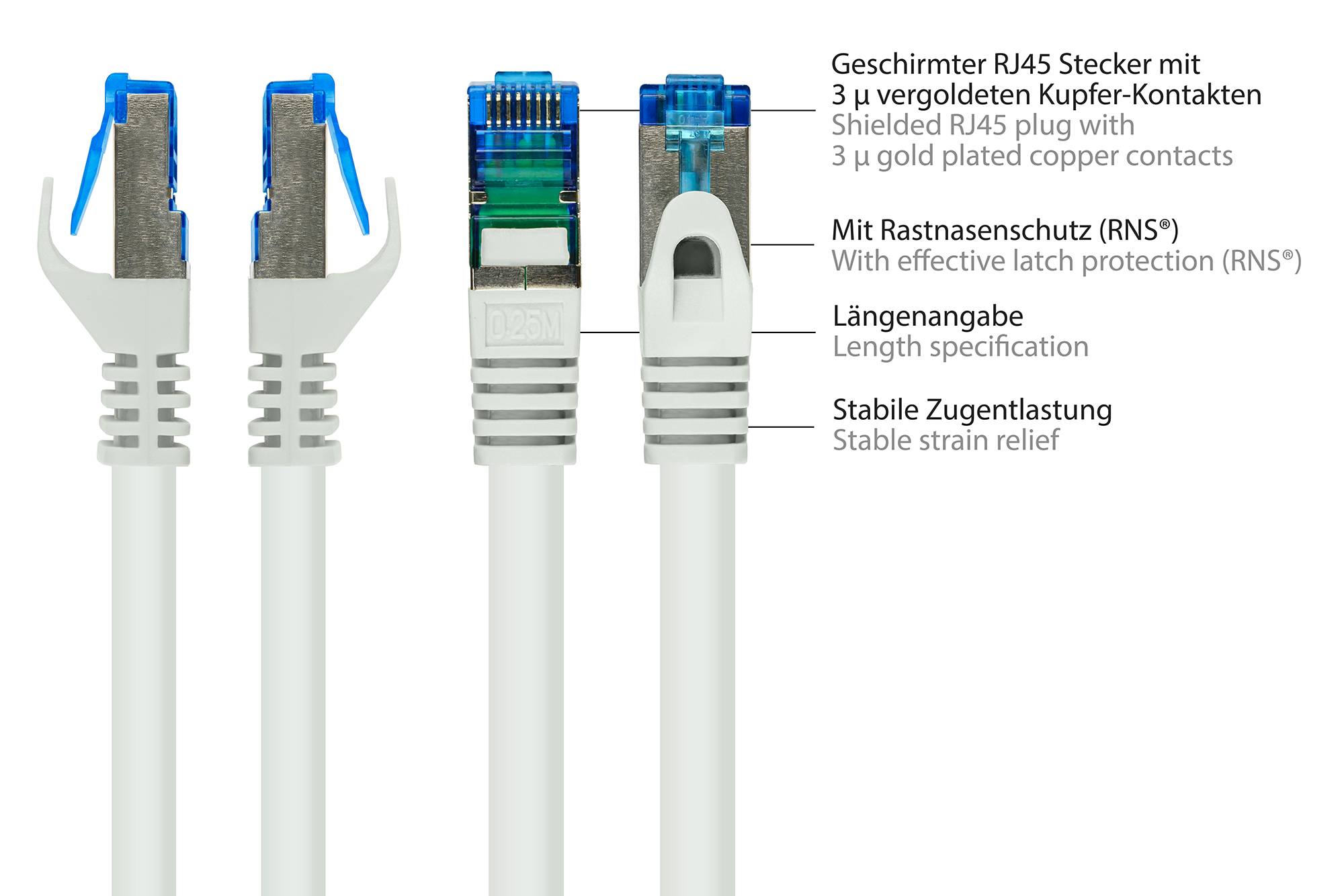 kabelmeister® Patchkabel, Cat. 6A, S/FTP, PiMF, halogenfrei, 500MHz, weiß, 3m