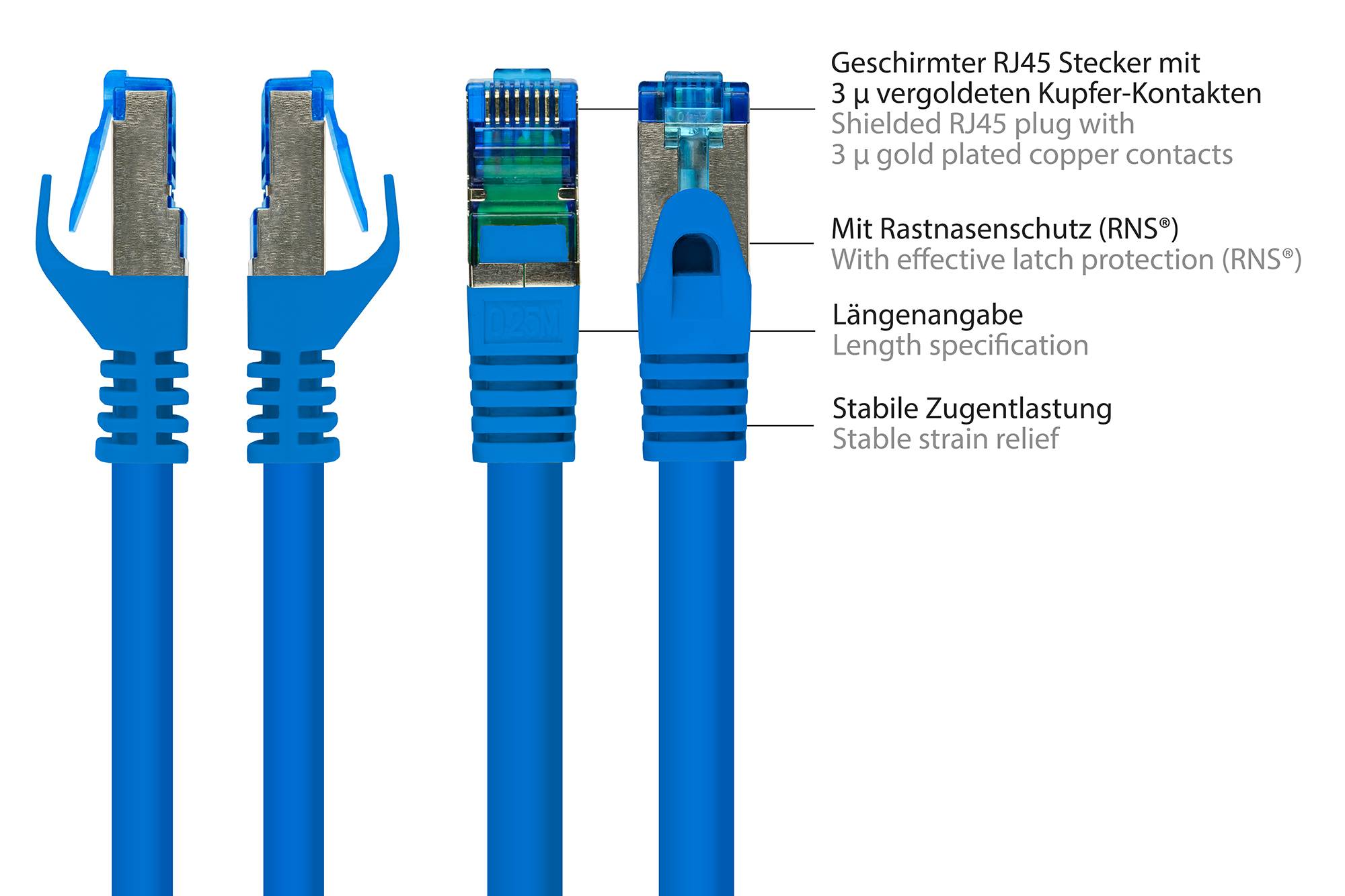 kabelmeister® Patchkabel, Cat. 6A, S/FTP, PiMF, halogenfrei, 500MHz, blau, 5m