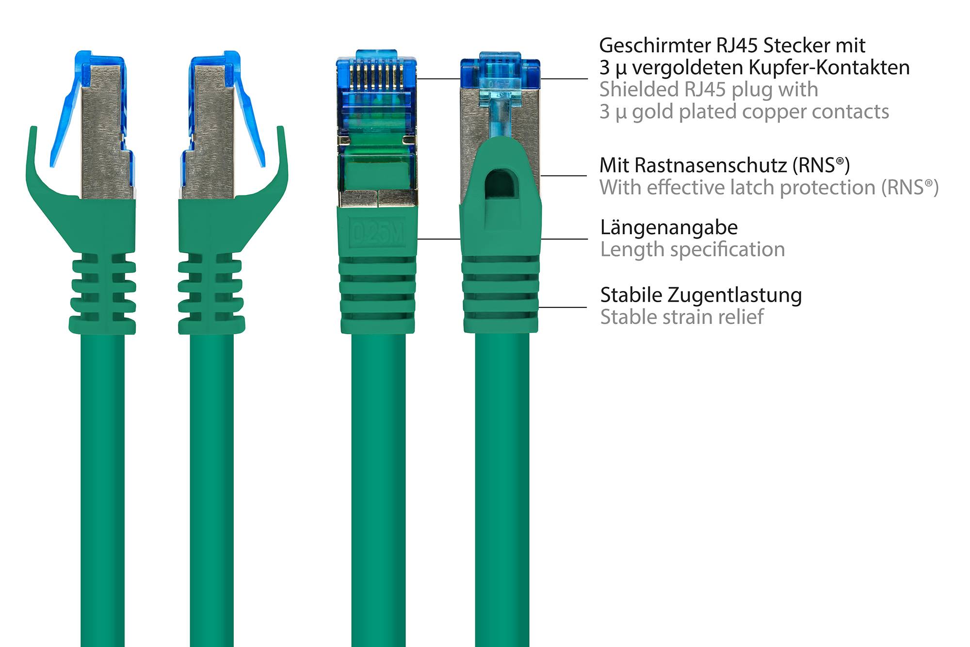 Kabelmeister® Patchkabel, Cat. 6A, S/FTP, PiMF, halogenfrei, 500MHz, grün, 0,25m