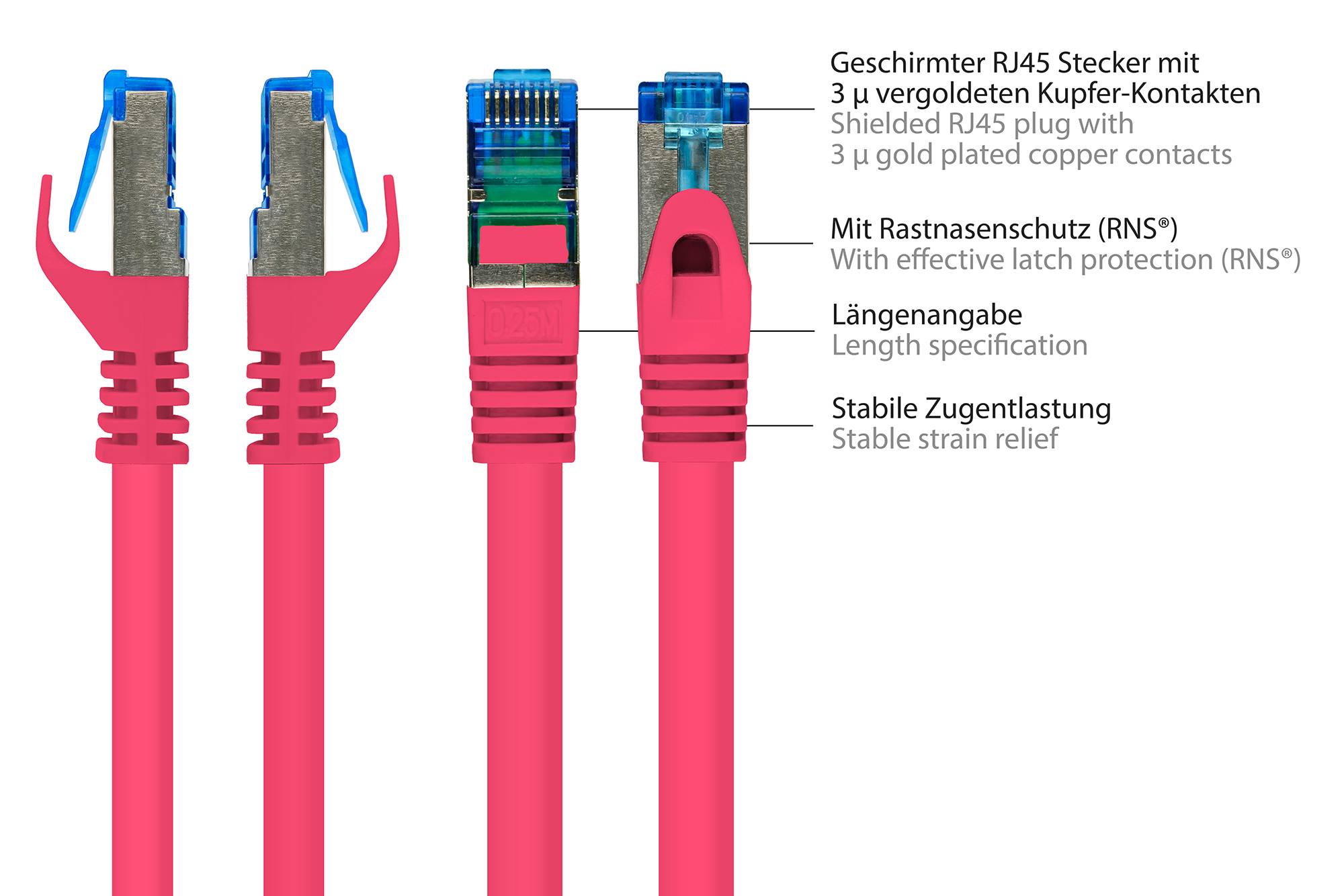 RNS® Patchkabel mit Rastnasenschutz, Cat. 6A, S/FTP, PiMF, halogenfrei, 500MHz, magenta, 15m, Good Connections®