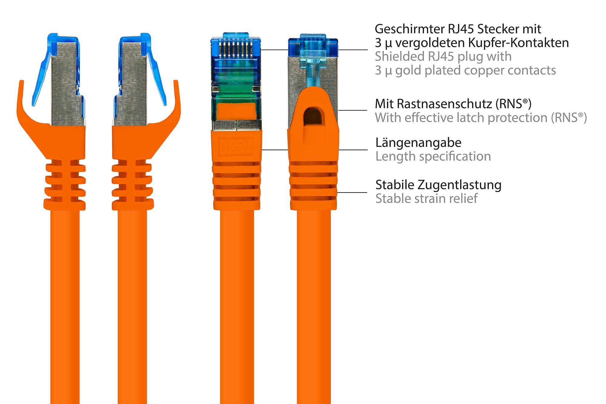 RNS® Patchkabel mit Rastnasenschutz, Cat. 6A, S/FTP, PIMF, halogenfrei, 500MHz, orange, 2m, Good Connections®