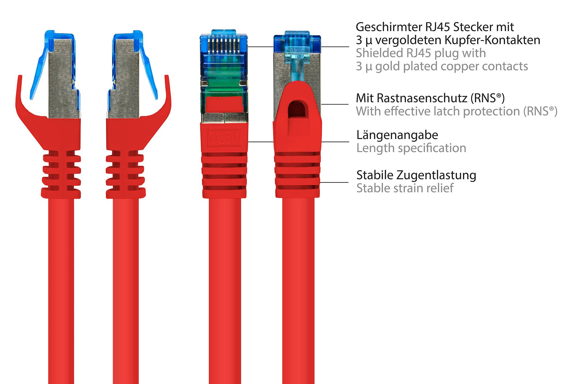 RNS® Patchkabel mit Rastnasenschutz, Cat. 6A, S/FTP, PiMF, halogenfrei, 500MHz, rot, 1m, Good Connections®