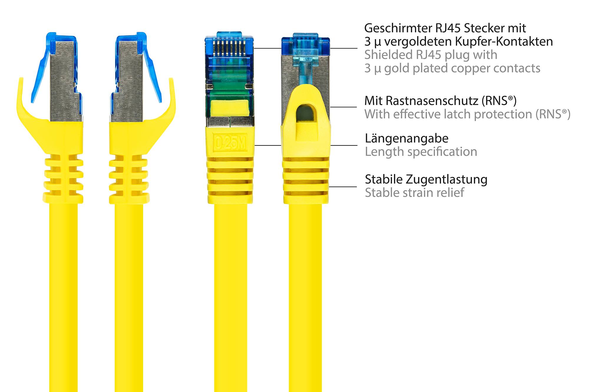 Kabelmeister® Patchkabel, Cat. 6A, S/FTP, PiMF, halogenfrei, 500MHz, gelb, 0,25m