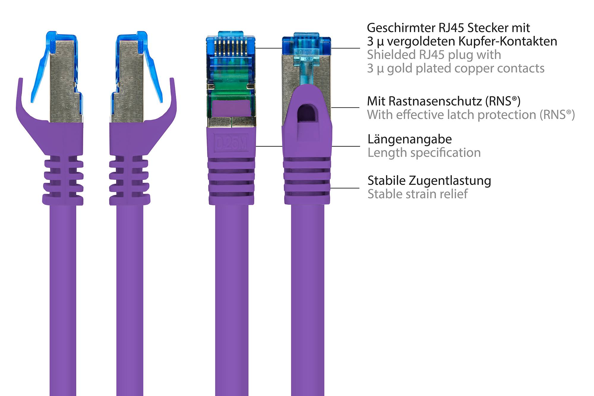 RNS® Patchkabel mit Rastnasenschutz, Cat. 6A, S/FTP, PIMF, halogenfrei, 500MHz, violett, 1,5m, Good Connections®
