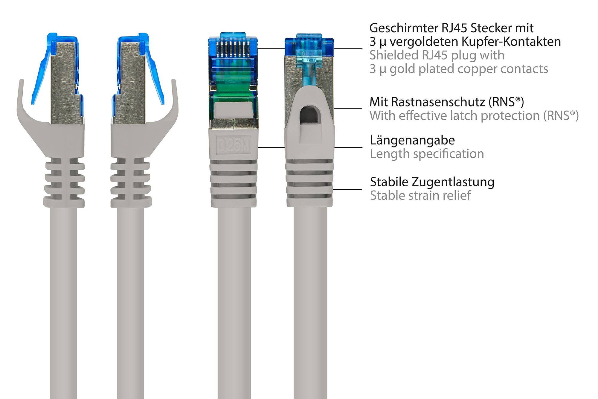 kabelmeister® Patchkabel, Cat. 6A, S/FTP, PIMF, halogenfrei, 500MHz, grau, 1,5m