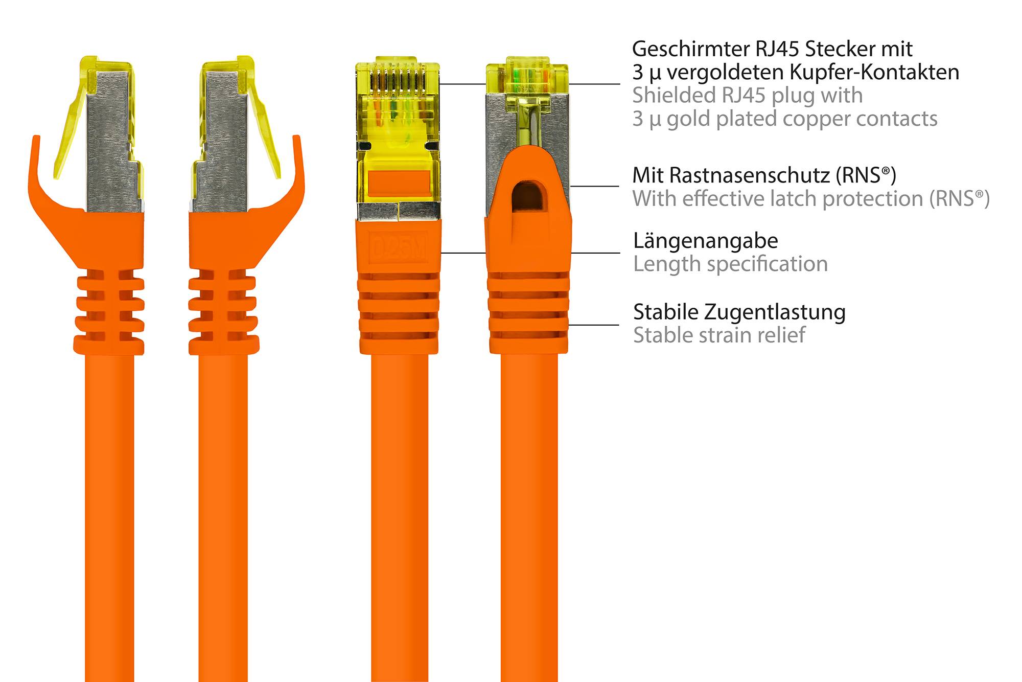 Kabelmeister® RJ45 Patchkabel mit Cat. 7 Rohkabel und Rastnasenschutz (RNS®), S/FTP, PiMF, halogenfrei, orange, 40m