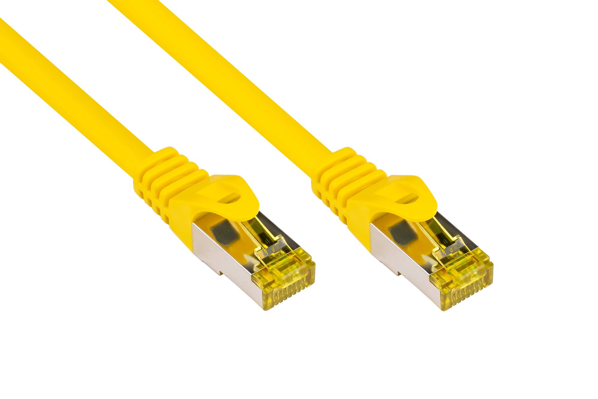 Kabelmeister® RJ45 Patchkabel mit Cat. 7 Rohkabel und Rastnasenschutz (RNS®), S/FTP, PiMF, halogenfrei, gelb, 40m