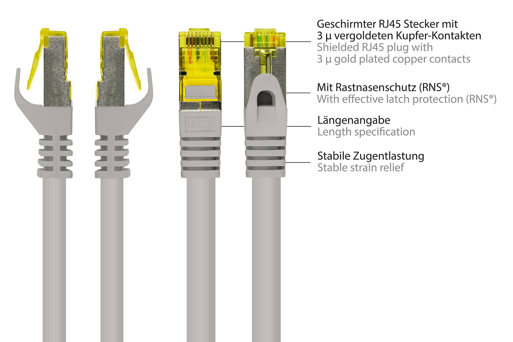 Kabelmeister® RJ45 Patchkabel mit Cat. 7 Rohkabel und Rastnasenschutz (RNS®), S/FTP, PiMF, halogenfrei, grau, 50m