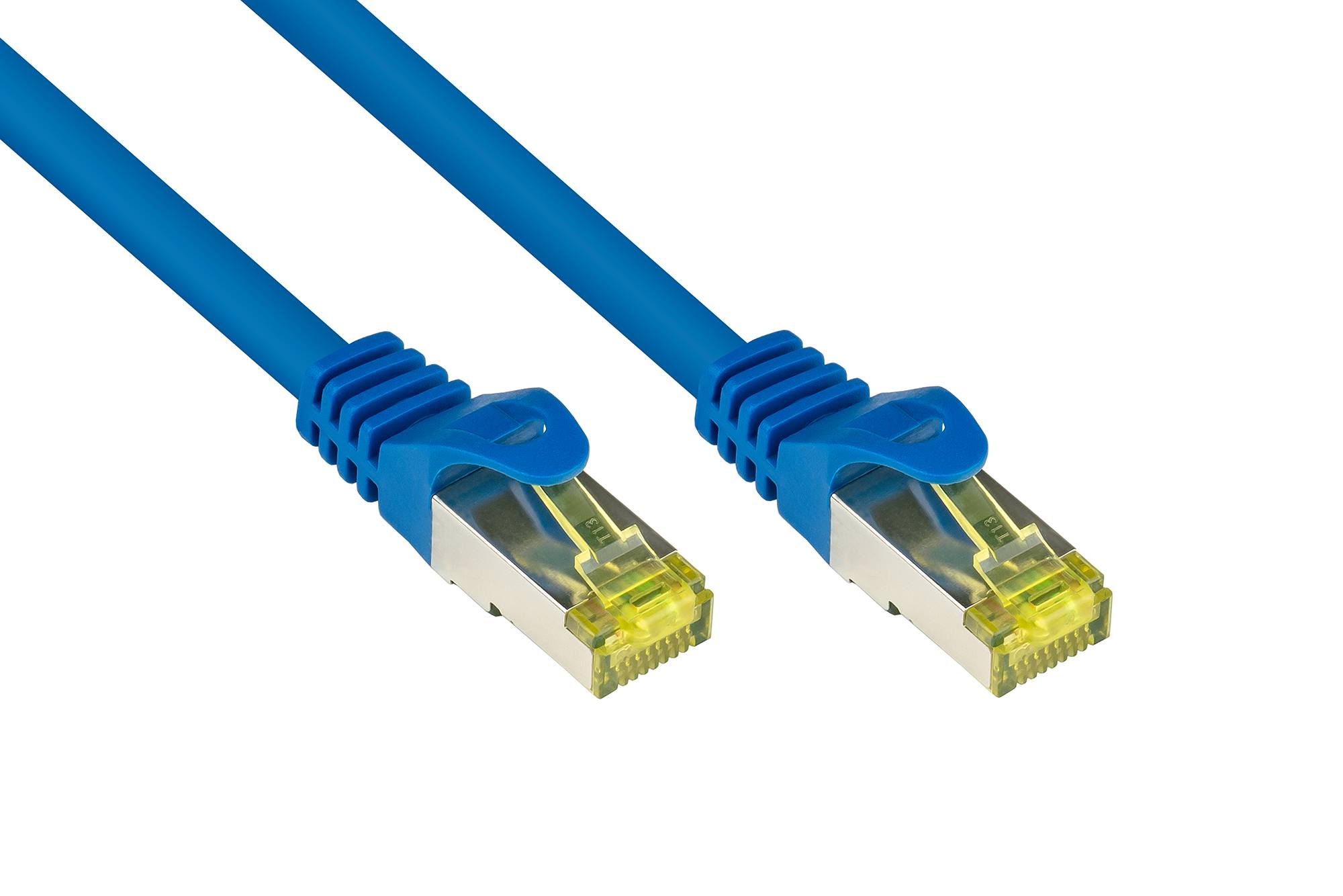 Kabelmeister® RJ45 Patchkabel mit Cat. 7 Rohkabel und Rastnasenschutz (RNS®), S/FTP, PiMF, halogenfrei, blau, 50m