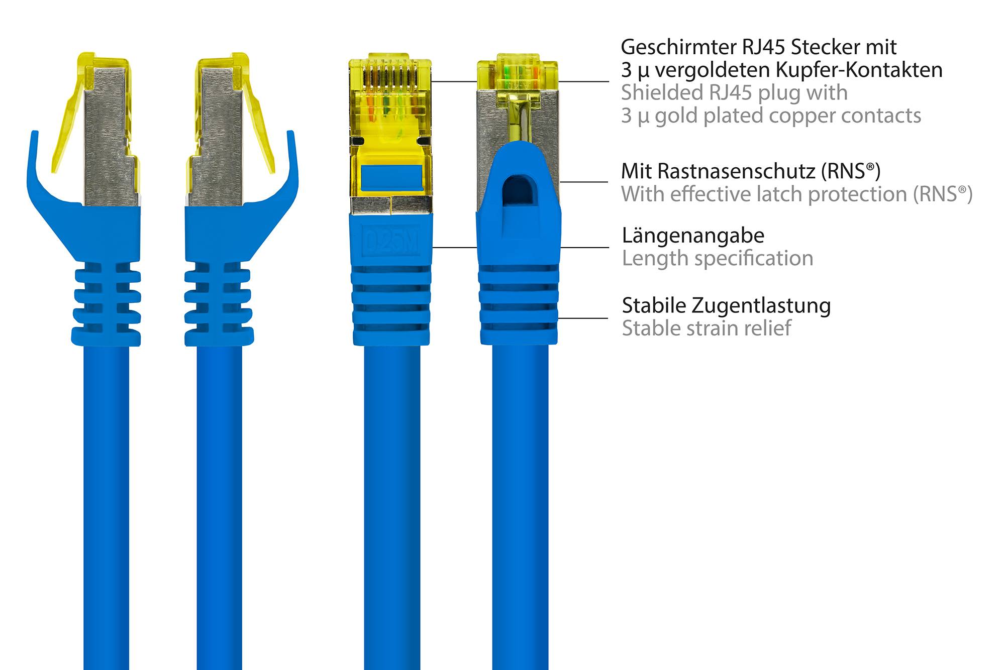 Kabelmeister® RJ45 Patchkabel mit Cat. 7 Rohkabel und Rastnasenschutz (RNS®), S/FTP, PiMF, halogenfrei, blau, 50m