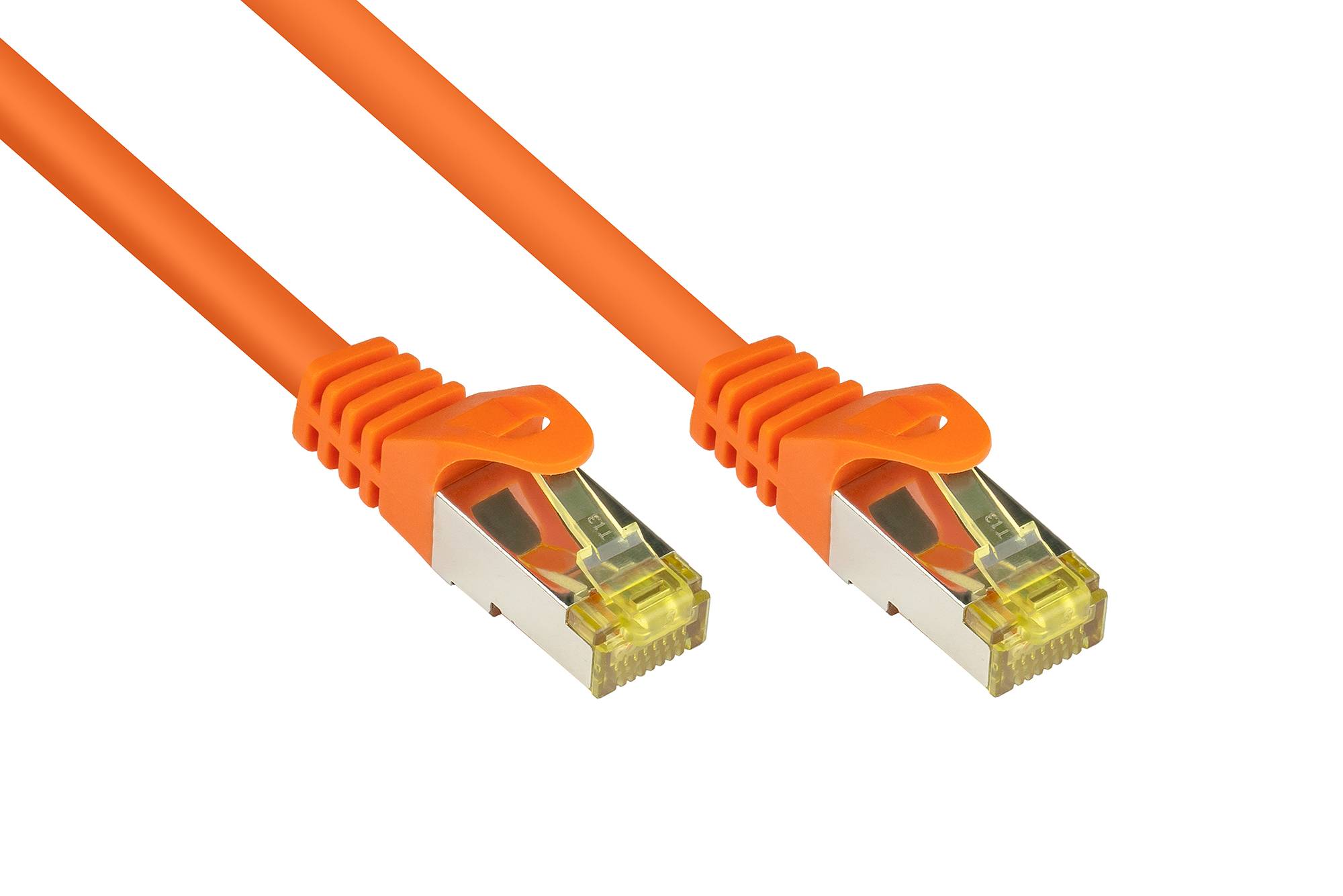 Kabelmeister® RJ45 Patchkabel mit Cat. 7 Rohkabel und Rastnasenschutz (RNS®), S/FTP, PiMF, halogenfrei, orange, 50m