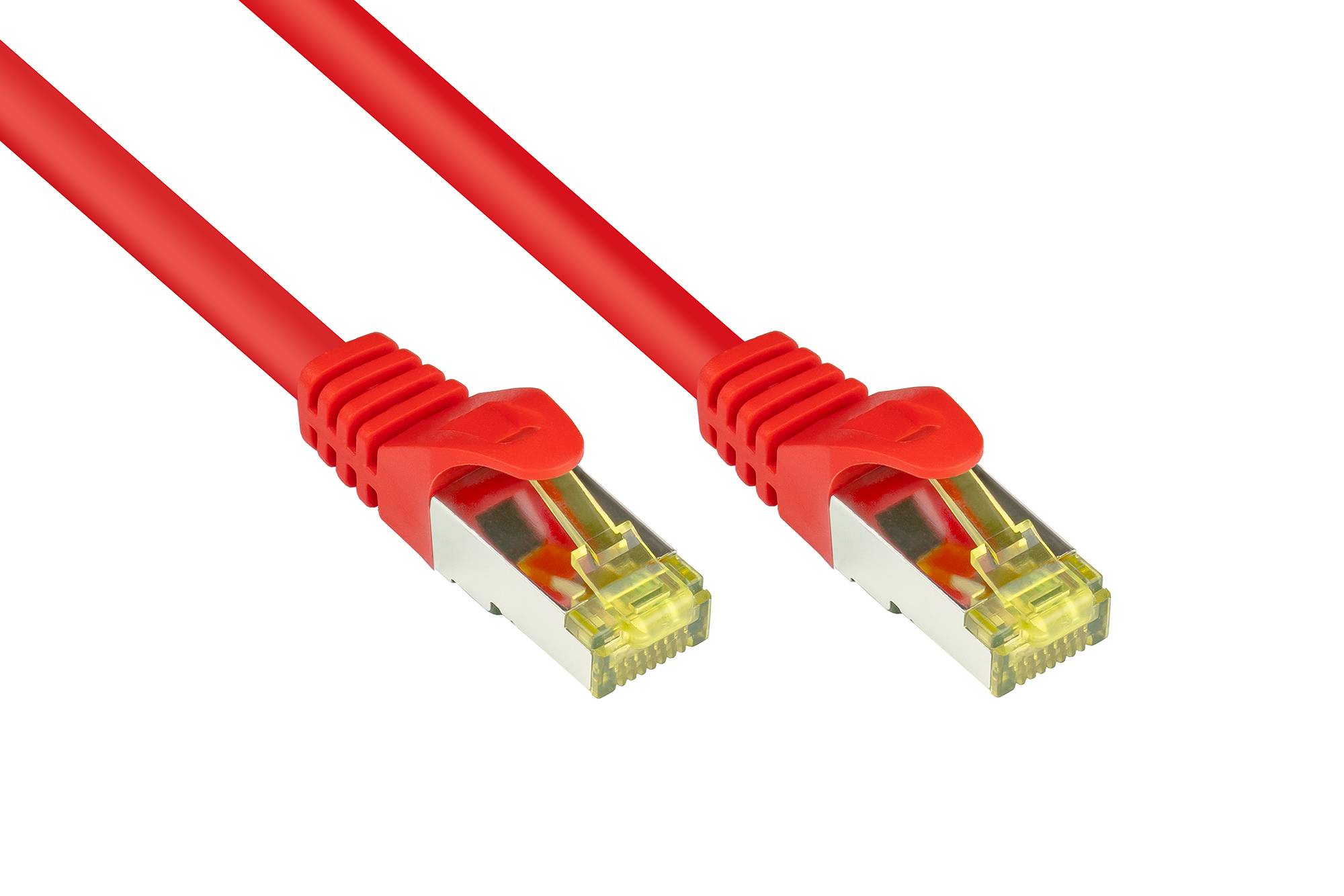 Kabelmeister® RJ45 Patchkabel mit Cat. 7 Rohkabel und Rastnasenschutz (RNS®), S/FTP, PiMF, halogenfrei, rot, 50m