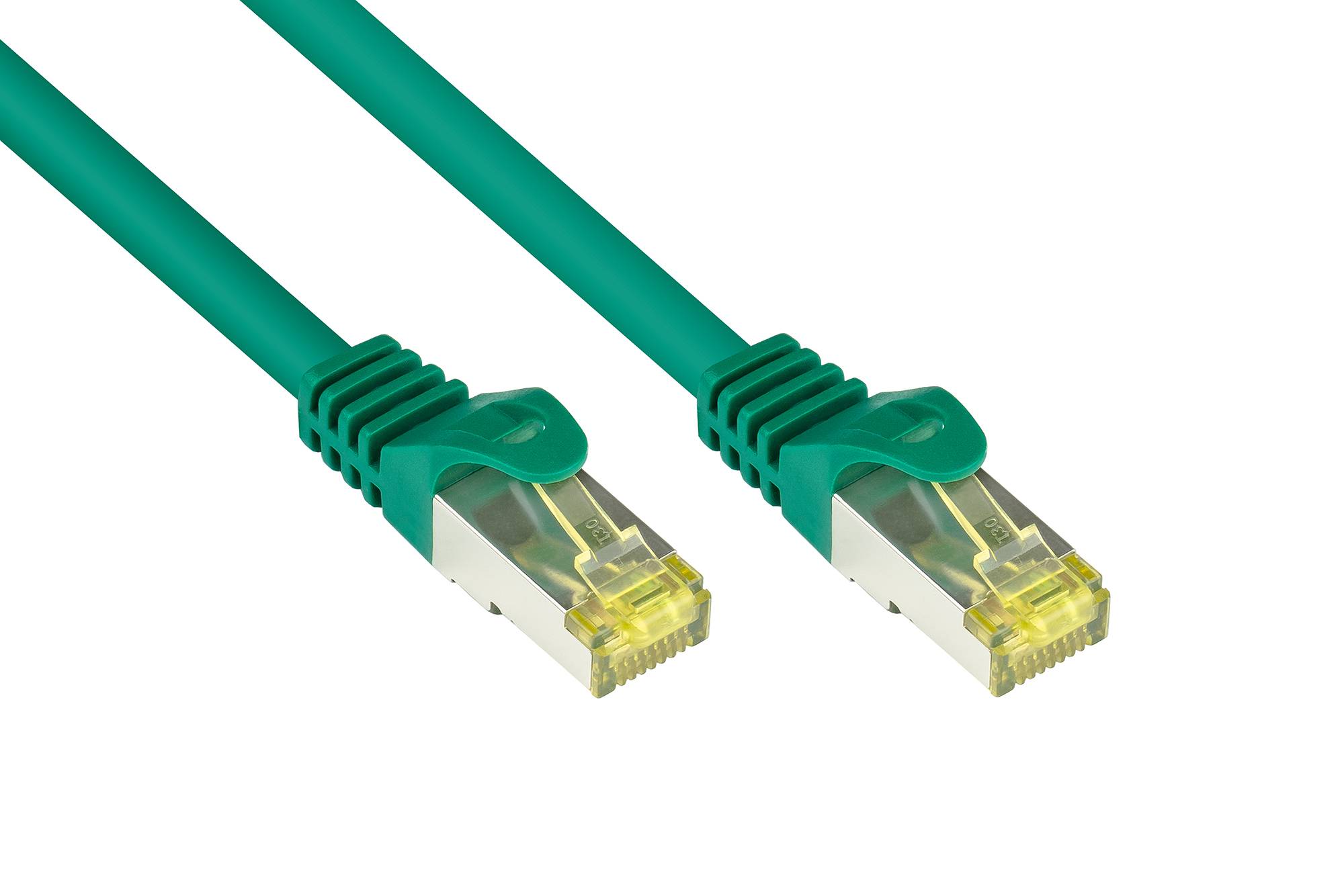 Kabelmeister® RJ45 Patchkabel mit Cat. 7 Rohkabel und Rastnasenschutz (RNS®), S/FTP, PiMF, halogenfrei,grün, 1,5m