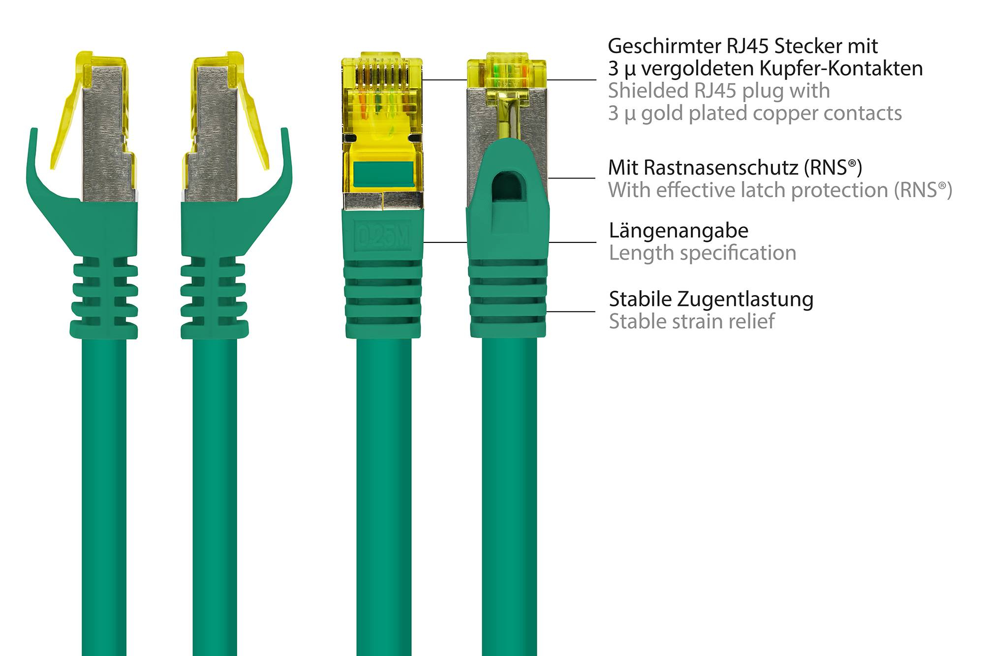 Kabelmeister® RJ45 Patchkabel mit Cat. 7 Rohkabel und Rastnasenschutz (RNS®), S/FTP, PiMF, halogenfrei,grün, 1,5m