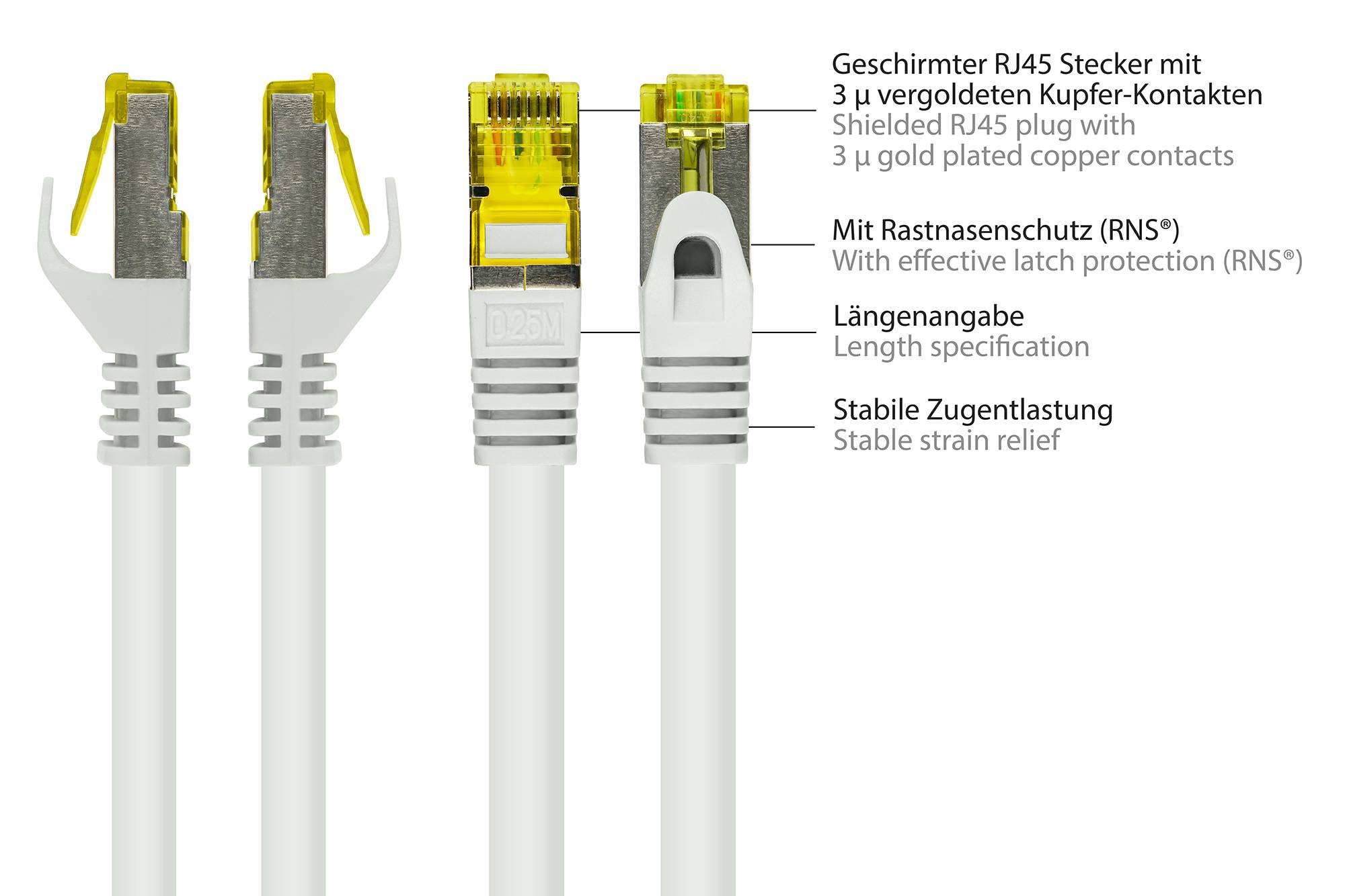 Kabelmeister® RJ45 Patchkabel mit Cat. 7 Rohkabel und Rastnasenschutz (RNS®), S/FTP, PiMF, halogenfrei,weiß, 1,5m