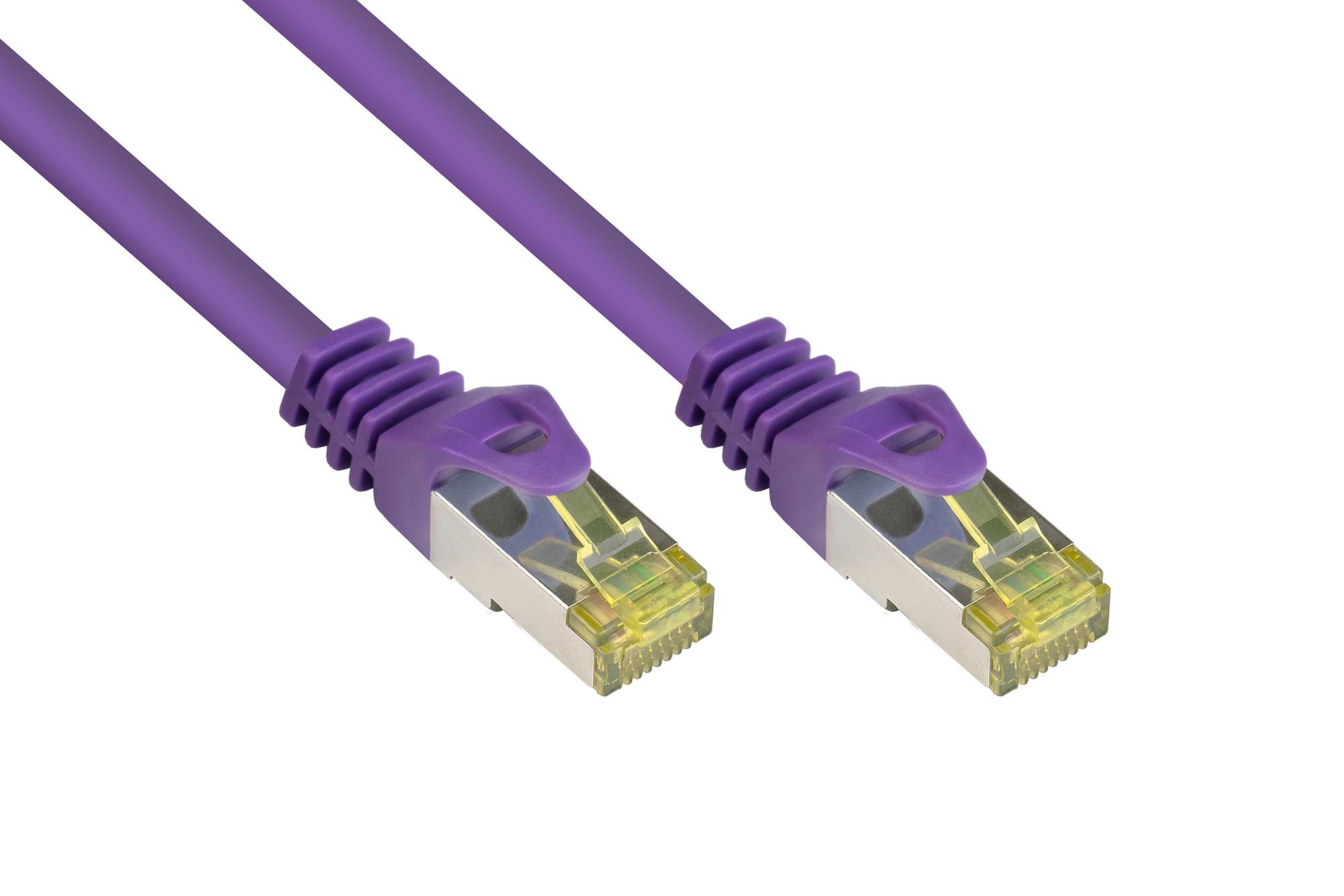 Kabelmeister® RJ45 Patchkabel mit Cat. 7 Rohkabel und Rastnasenschutz (RNS®), S/FTP, PiMF, halogenfrei,violett, 15m