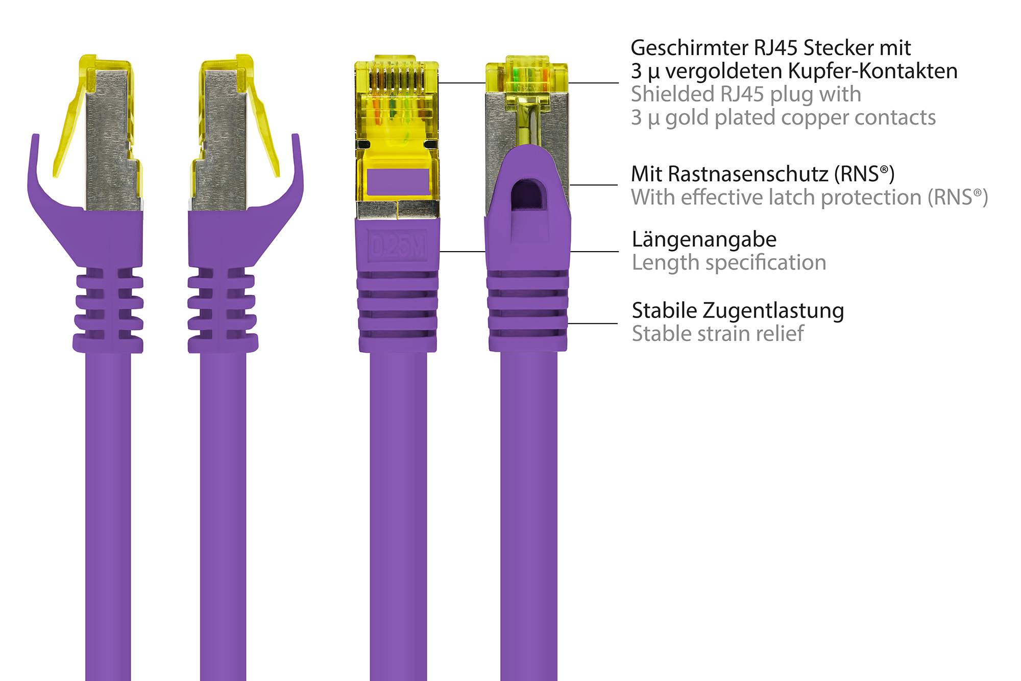 Kabelmeister® RJ45 Patchkabel mit Cat. 7 Rohkabel und Rastnasenschutz (RNS®), S/FTP, PiMF, halogenfrei,violett, 25m