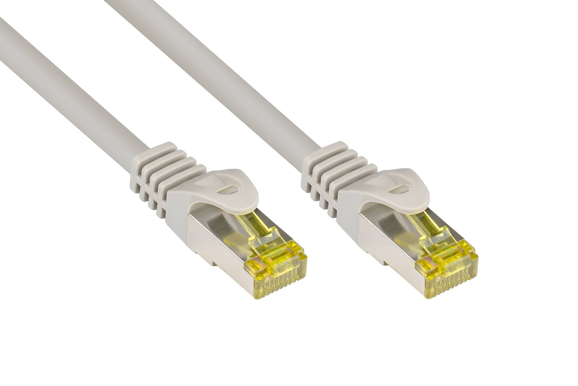 Kabelmeister® RJ45 Patchkabel mit Cat. 7 Rohkabel und Rastnasenschutz (RNS®), S/FTP, PiMF, halogenfrei,grau, 0,15m