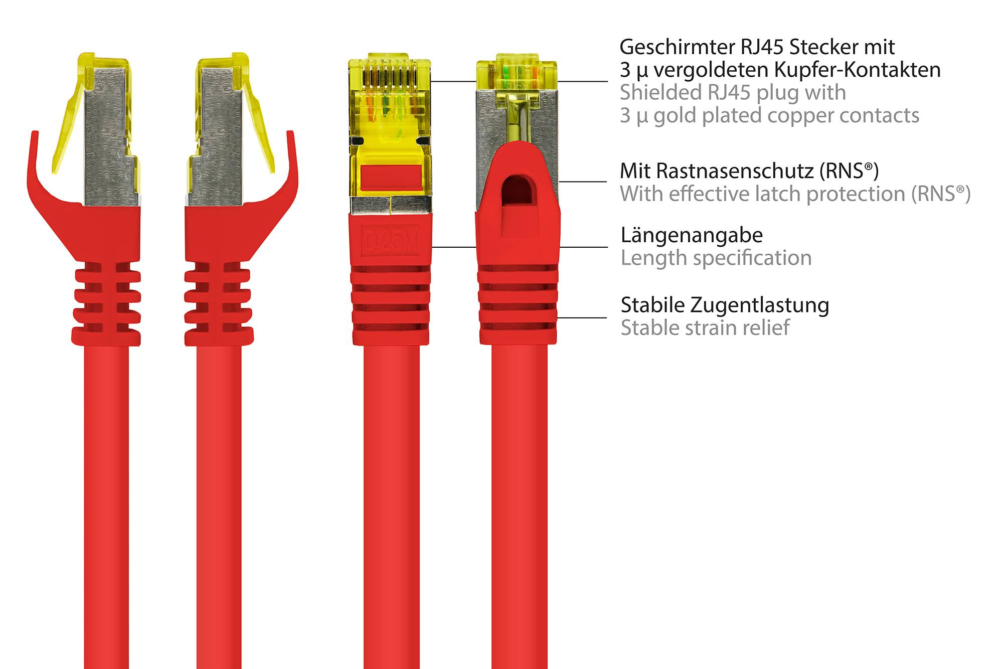 Kabelmeister® RJ45 Patchkabel mit Cat. 7 Rohkabel und Rastnasenschutz (RNS®), S/FTP, PiMF, halogenfrei,rot, 0,15m