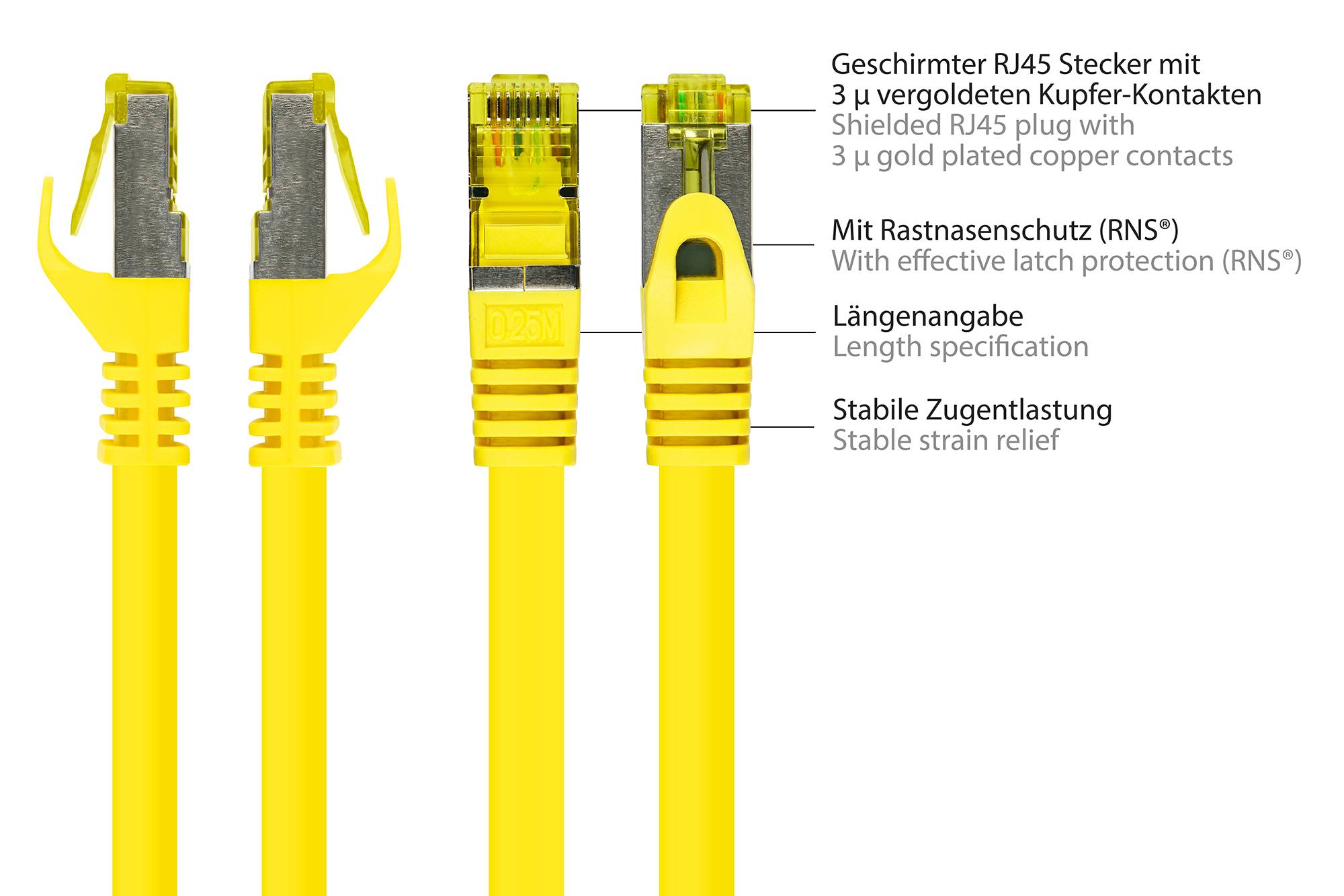 Kabelmeister® RJ45 Patchkabel mit Cat. 7 Rohkabel und Rastnasenschutz (RNS®), S/FTP, PiMF, halogenfrei,gelb, 0,15m