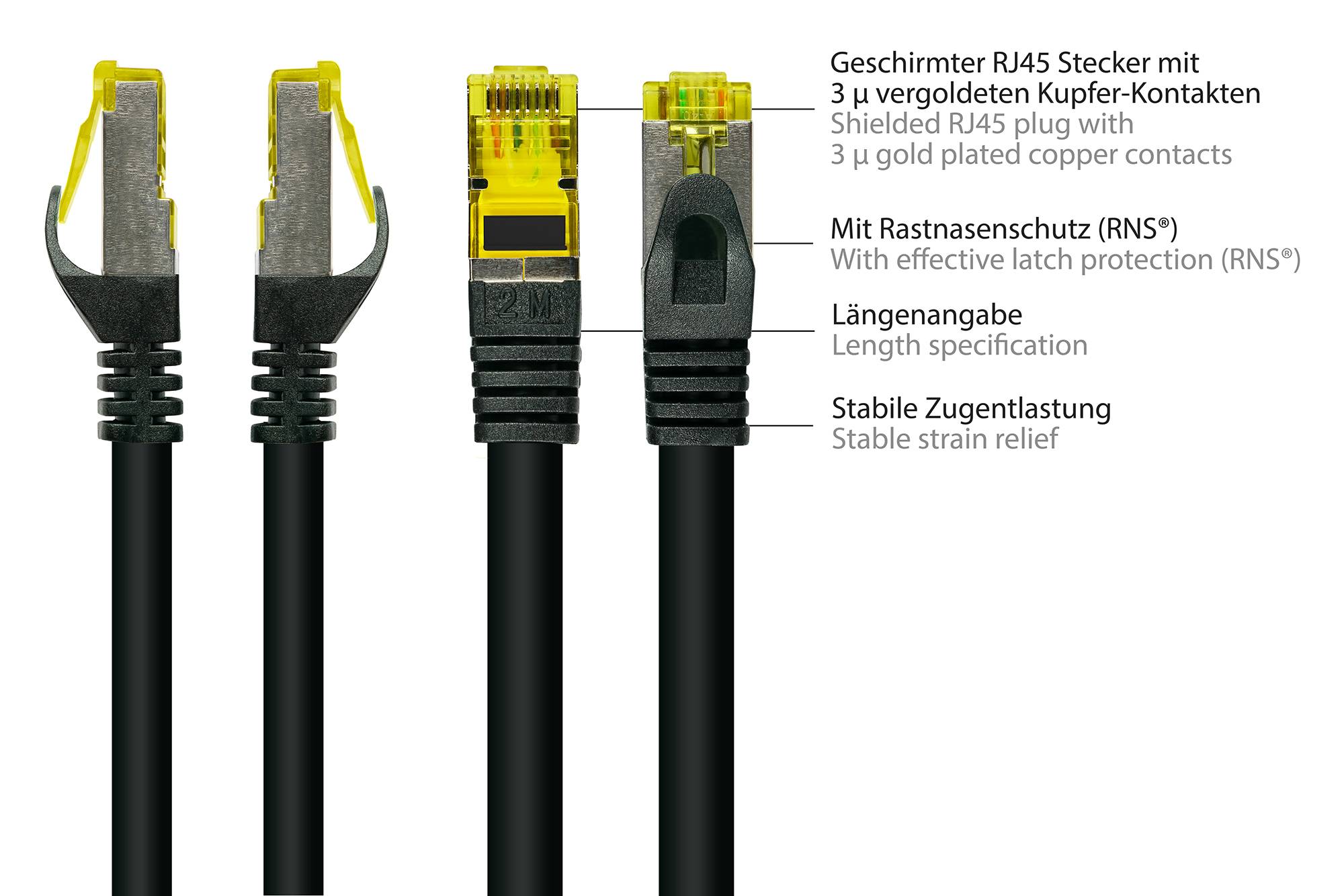 Kabelmeister® RJ45 Patchkabel mit Cat. 7 Rohkabel und Rastnasenschutz (RNS®), S/FTP, PiMF, halogenfrei,schwarz, 70m