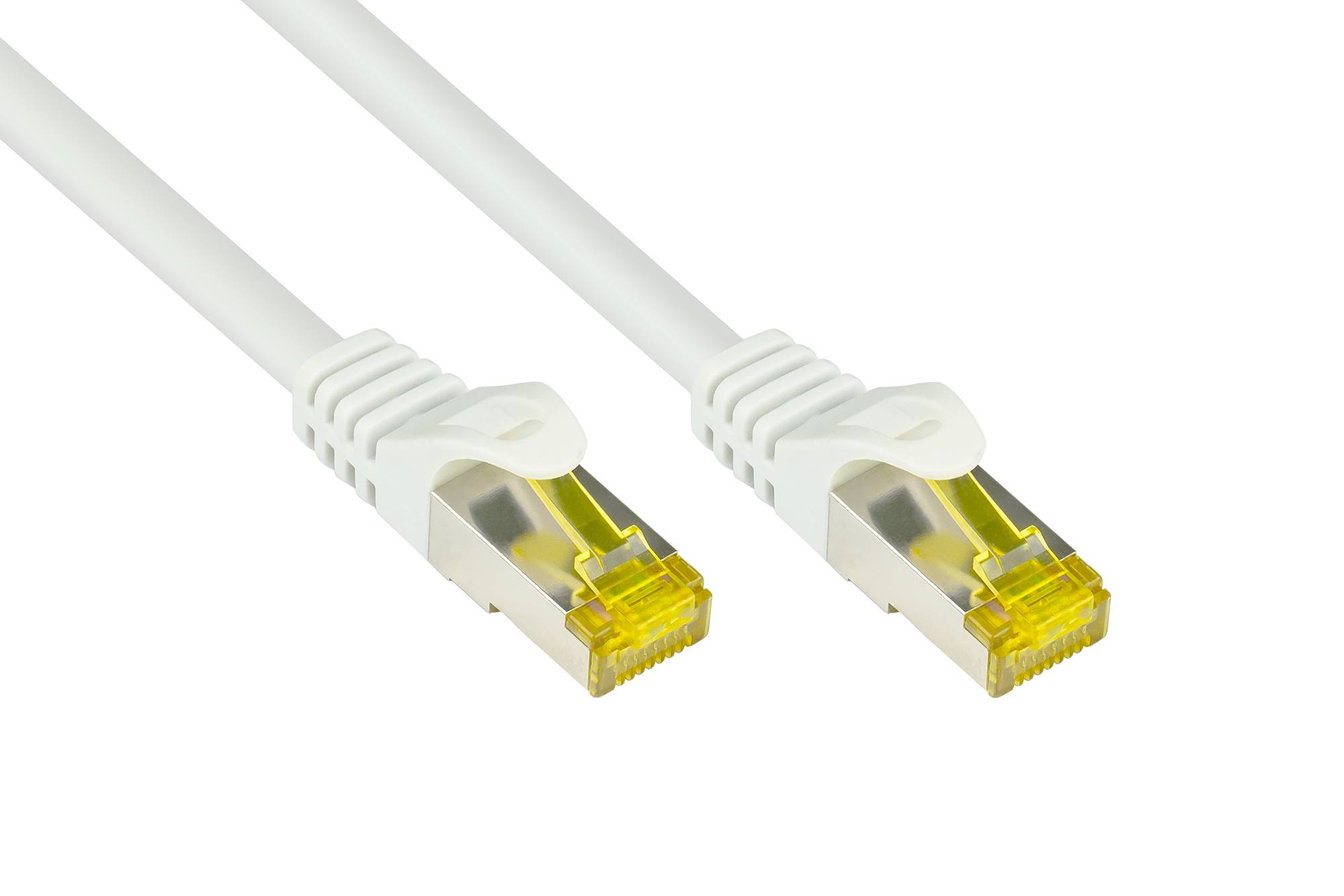 Kabelmeister® RJ45 Patchkabel mit Cat. 7 Rohkabel und Rastnasenschutz (RNS®), S/FTP, PiMF, halogenfrei,weiß, 100m