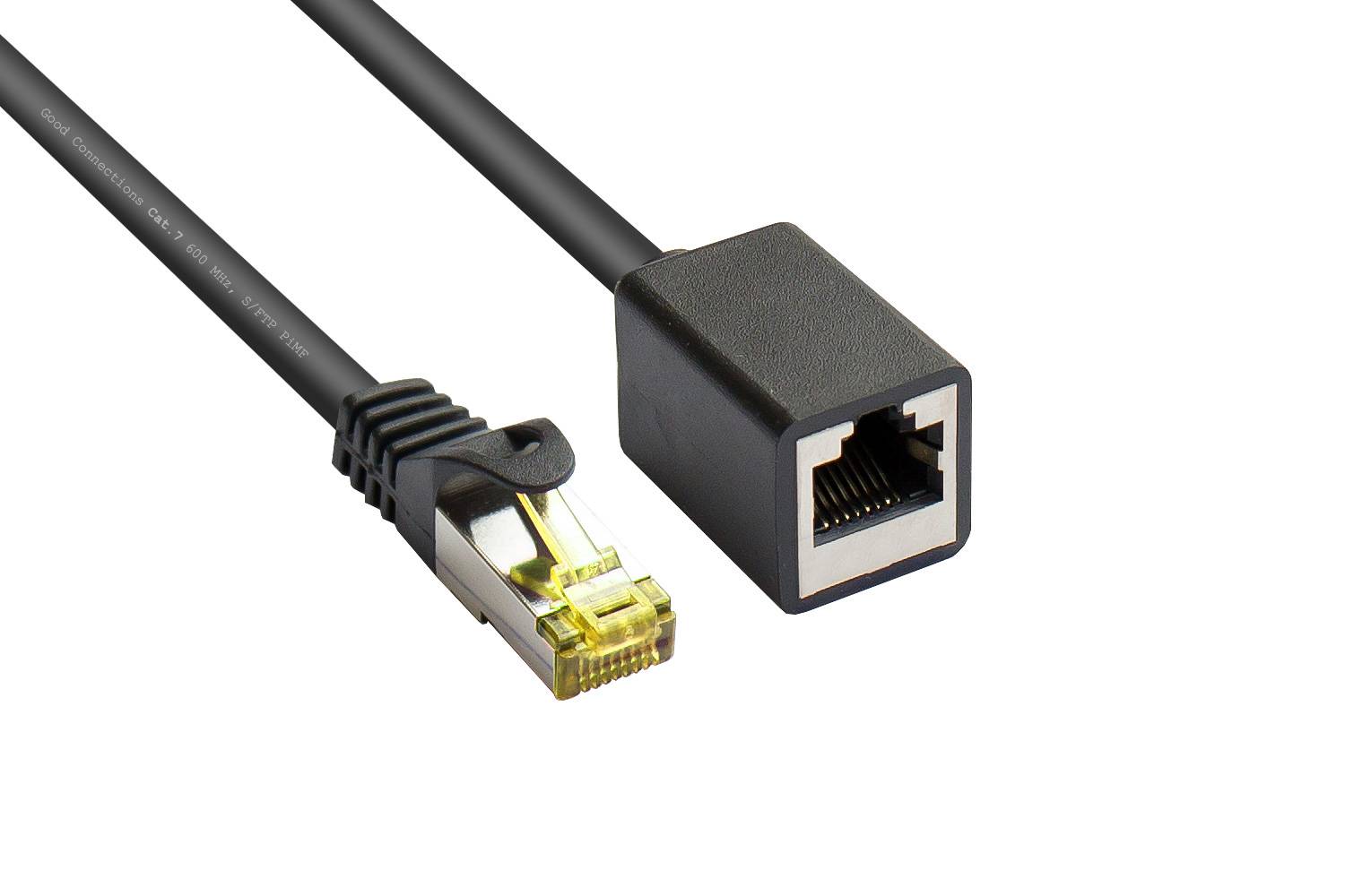 Kabelmeister® RJ45 Patchkabelverlängerung mit Cat. 7 Rohkabel und Rastnasenschutz (RNS®), halogenfrei,schwarz, 0,5m