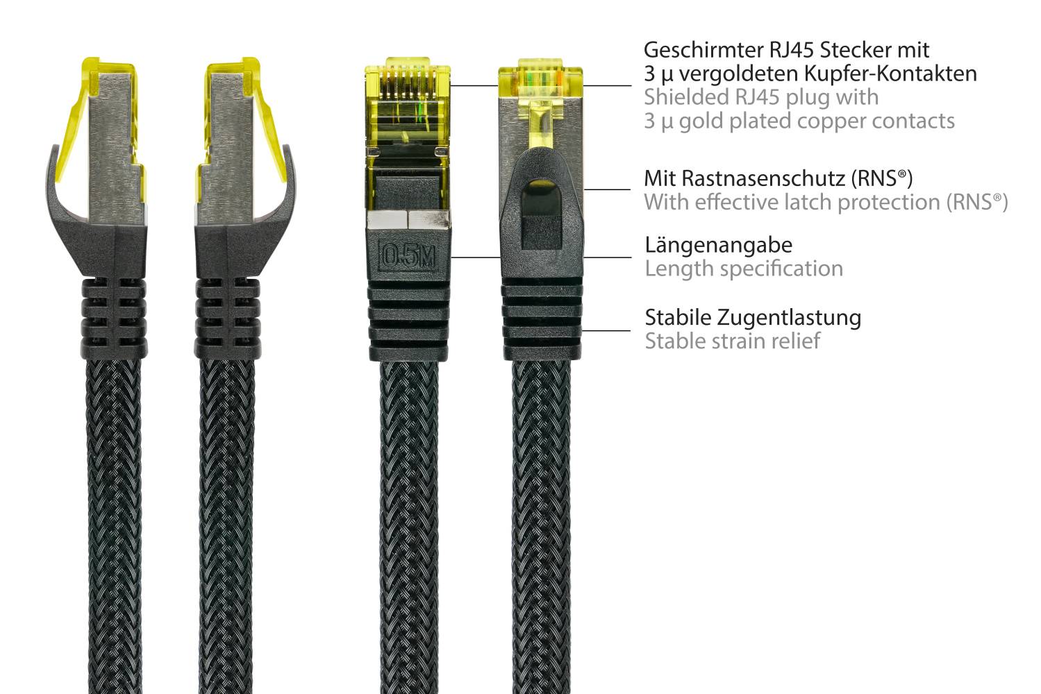 Kabelmeister® RJ45 Patchkabel mit Cat. 7 Rohkabel, Rastnasenschutz (RNS®) und Nylongeflecht, halogenfrei,schwarz, 3m
